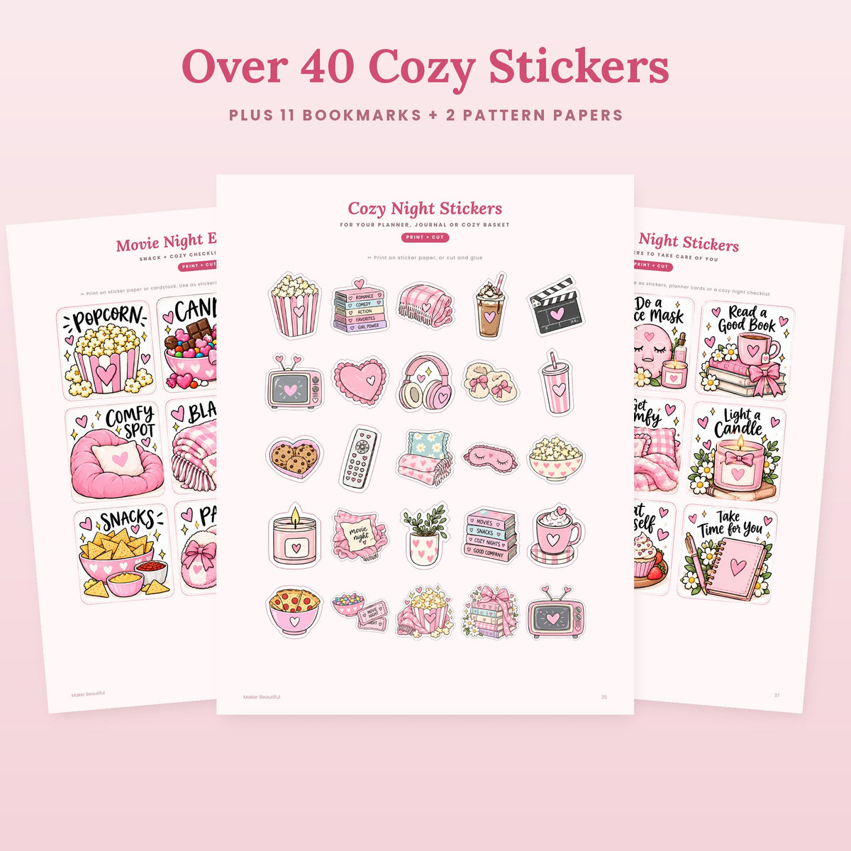 Printable cozy night sticker sheets with popcorn, books, candles and self-care stickers