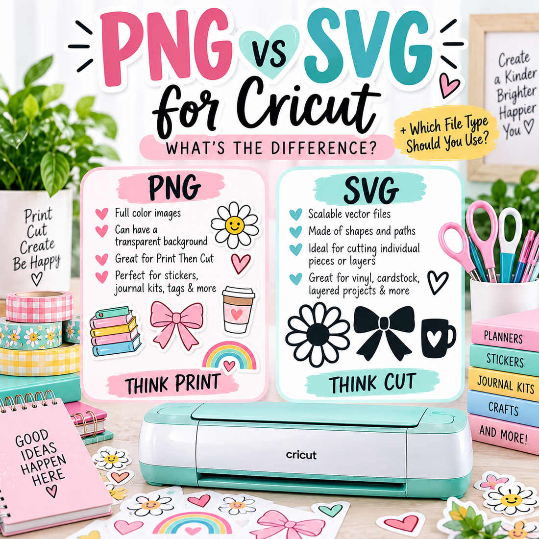 PNG vs SVG for Cricut comparison showing which Cricut file types to use for Print Then Cut, stickers, vinyl and layered Cricut projects.