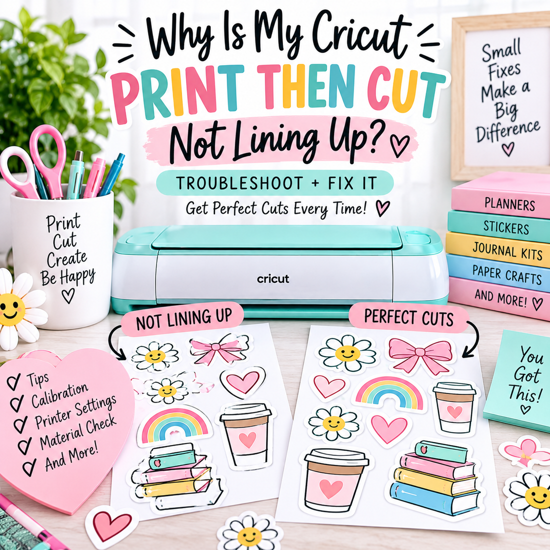 Cricut Print Then Cut not lining up troubleshooting guide showing misaligned stickers, perfect cuts, calibration tips and printer setting fixes.