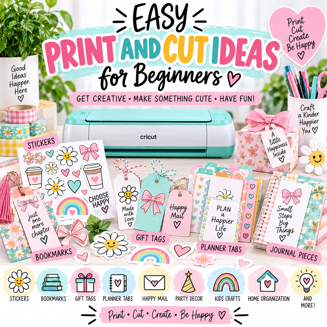 Easy Print and Cut ideas for beginners featuring Cricut Print Then Cut crafts, printable stickers, bookmarks, gift tags, planner tabs and journal pieces.