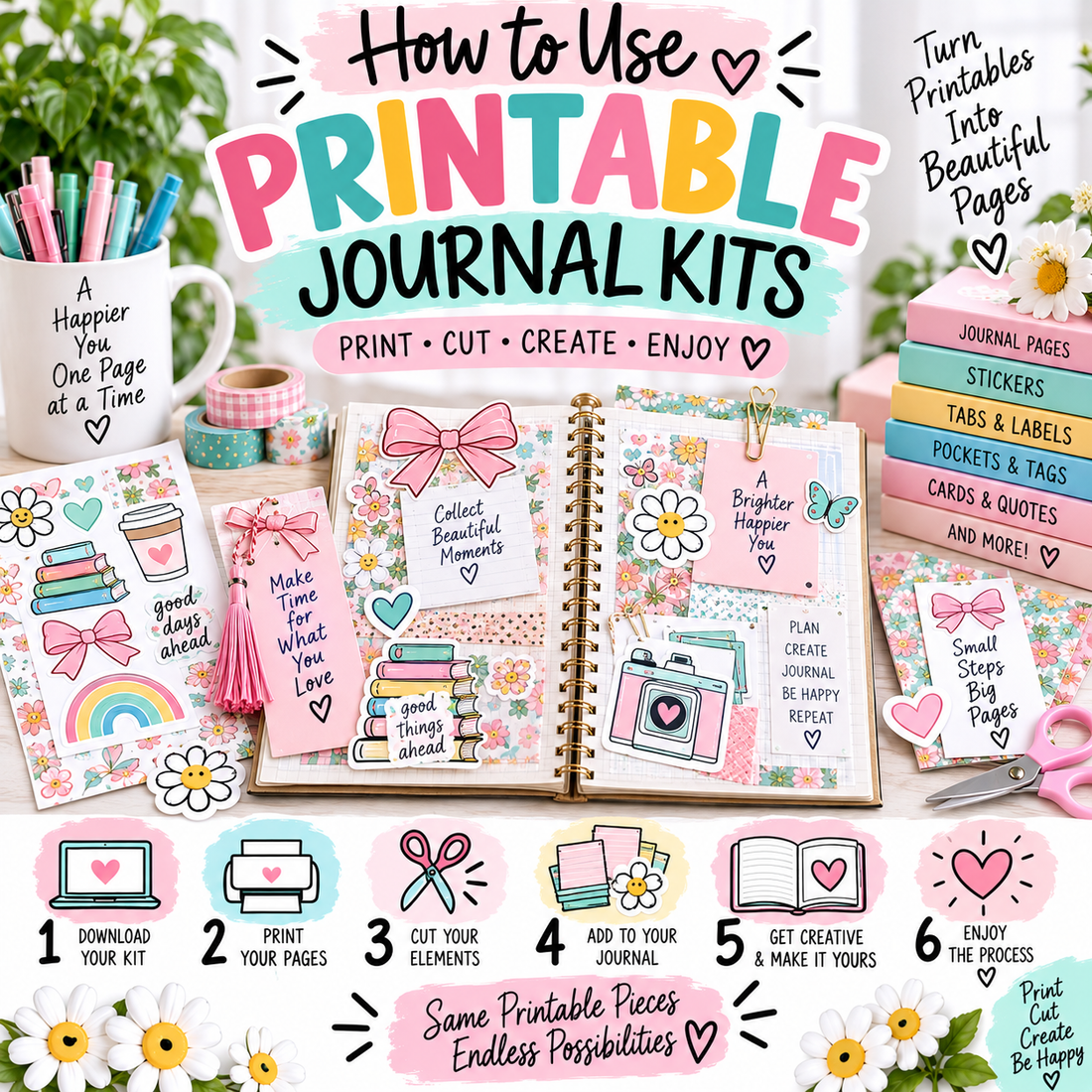 How to use printable journal kits with journal pages, stickers, tabs, pockets, tags and cards to print, cut and create personalized journals.
