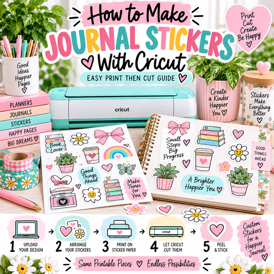 How to make journal stickers with Cricut using Print Then Cut, showing printable journal stickers, sticker paper, a Cricut machine and decorated journal pages.