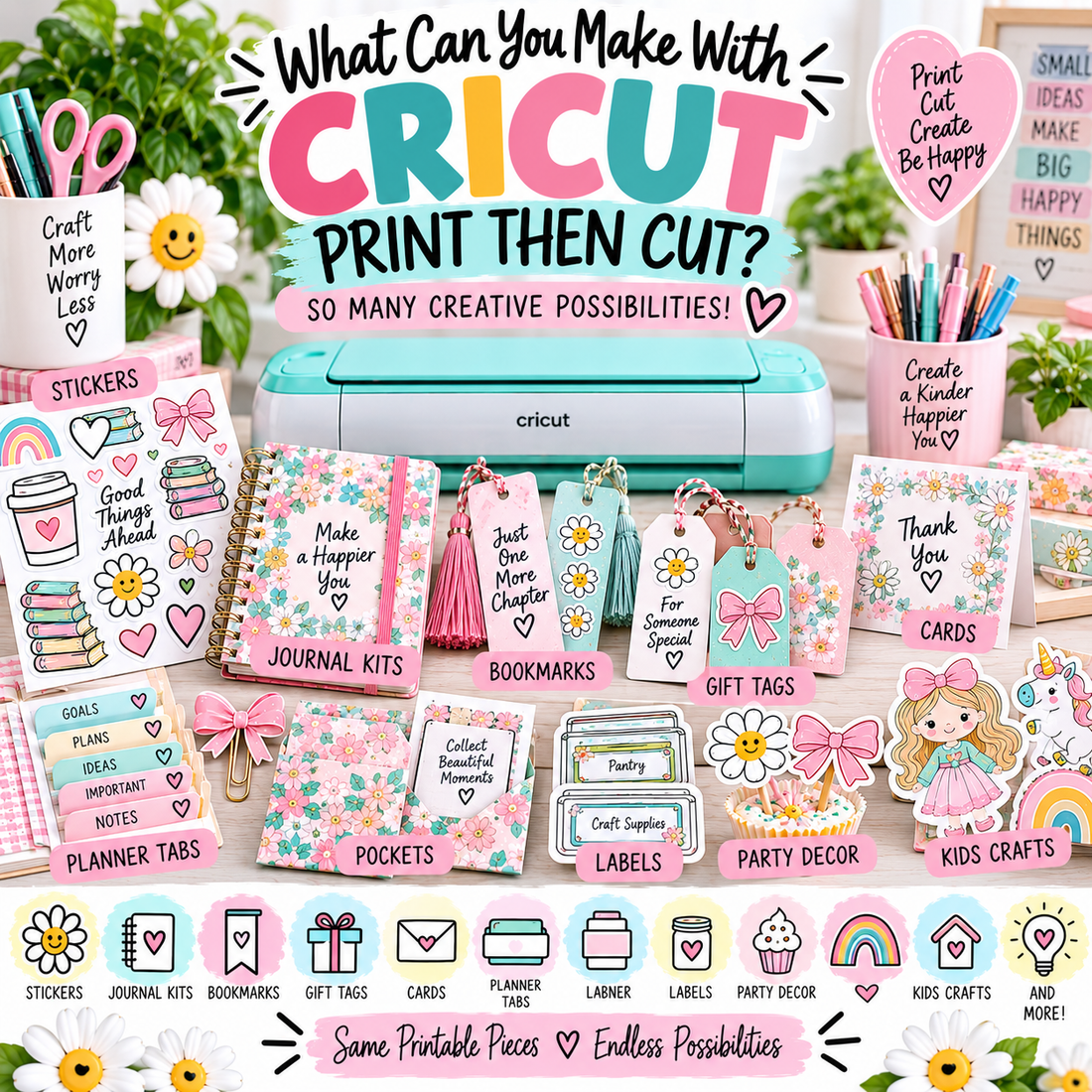 Cricut Print Then Cut project ideas including printable stickers, journal kits, bookmarks, gift tags, cards, planner tabs, labels, party decor and kids crafts.