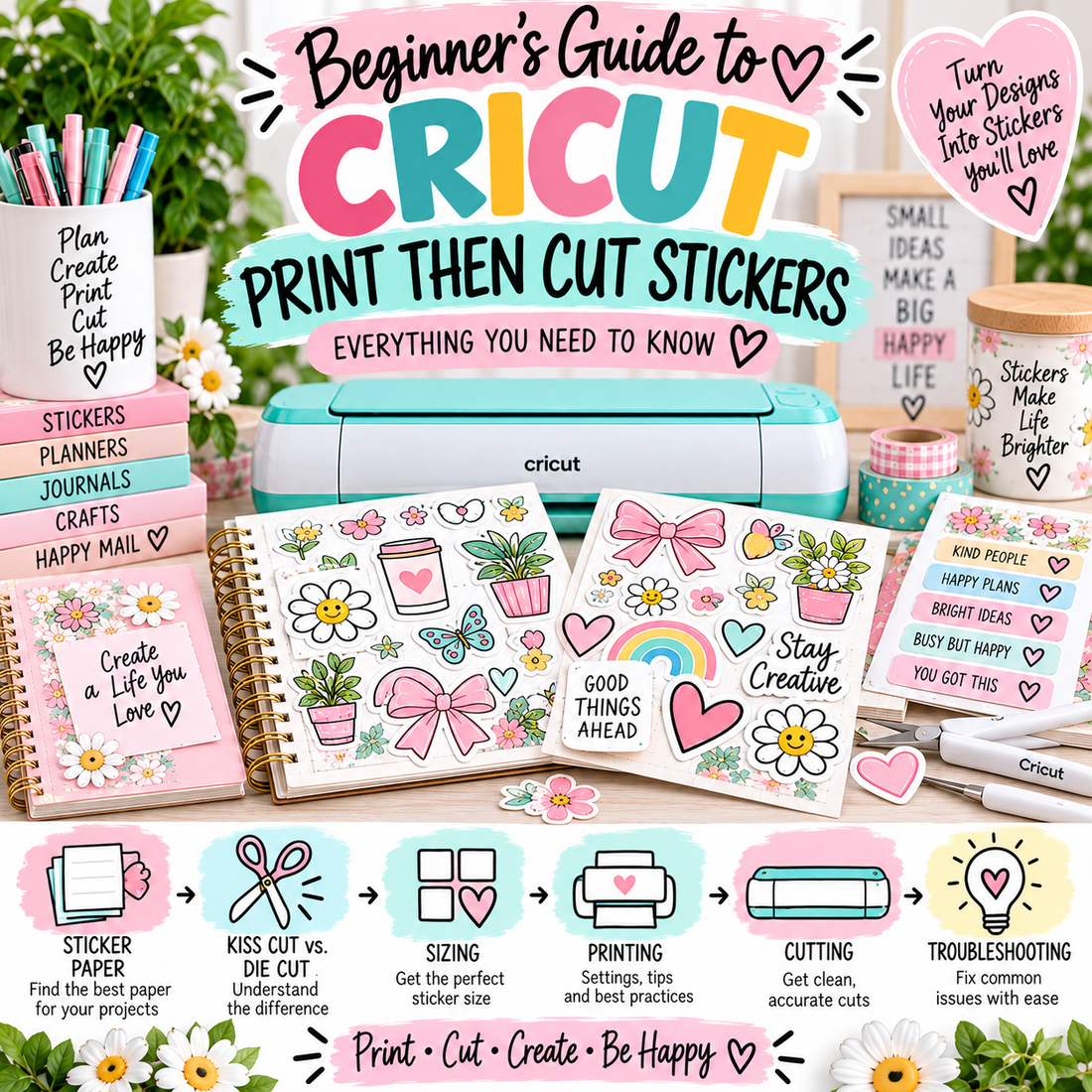 Beginner’s guide to Cricut Print Then Cut stickers covering sticker paper, kiss cut vs. die cut, sticker sizing, printing, cutting and troubleshooting.