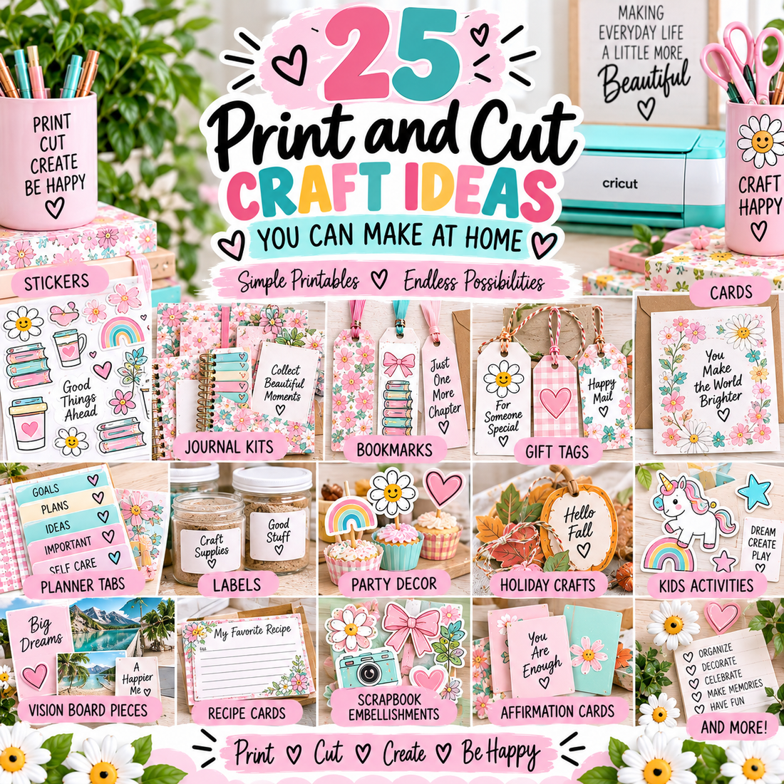 25 Print and Cut craft ideas to make at home, including printable stickers, journal kits, bookmarks, gift tags, planner tabs, cards, holiday crafts and kids activities.