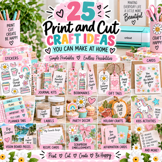 25 Print and Cut craft ideas to make at home, including printable stickers, journal kits, bookmarks, gift tags, planner tabs, cards, holiday crafts and kids activities.