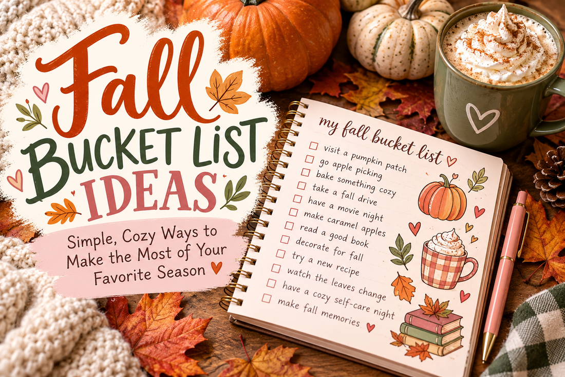 Fall bucket list ideas with cozy autumn activities, pumpkins, hot cocoa, fall leaves and a printable fall bucket list planner.