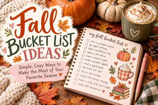 Fall bucket list ideas with cozy autumn activities, pumpkins, hot cocoa, fall leaves and a printable fall bucket list planner.