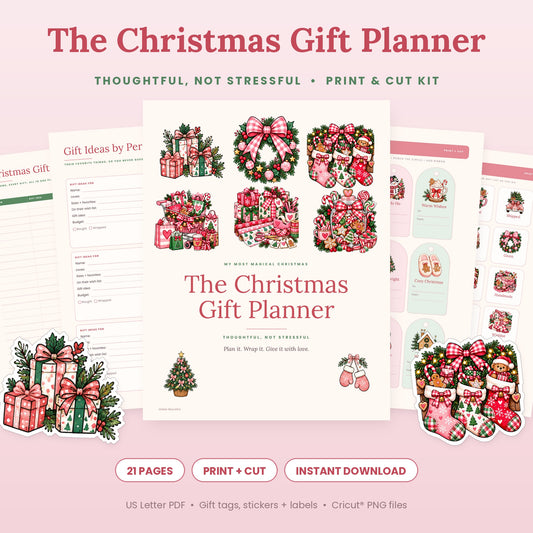 The Christmas Gift Planner printable with gift list, gift ideas by person, Print and Cut gift tags and gift planning stickers
