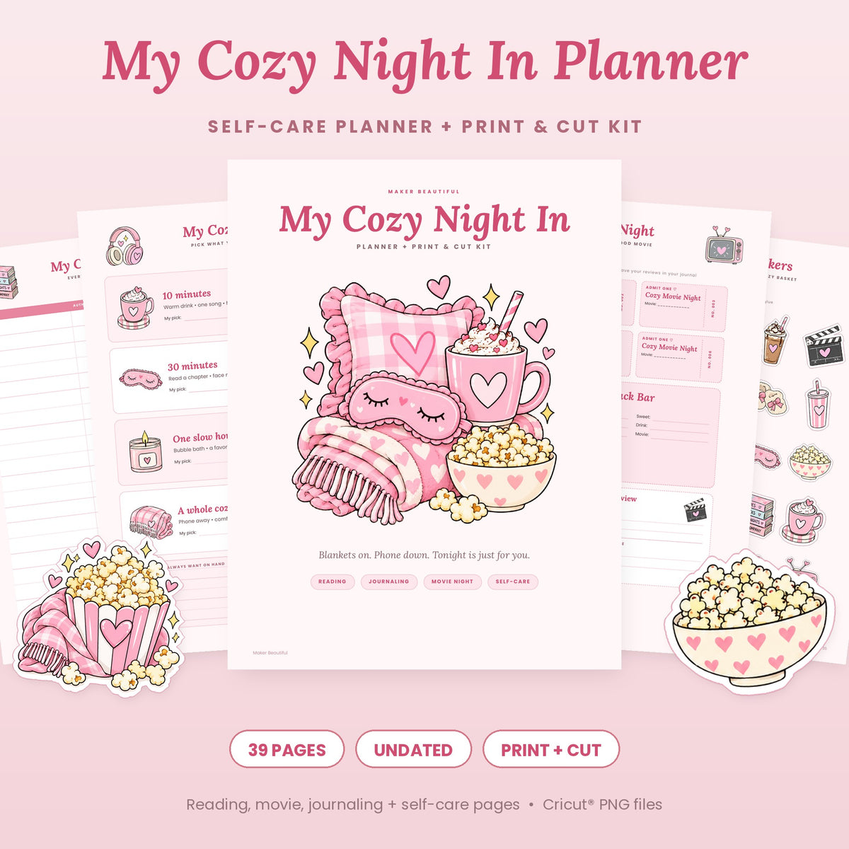 My Cozy Night In Planner printable self-care planner and Print and Cut kit with cozy night menu, reading log, movie tickets and stickers