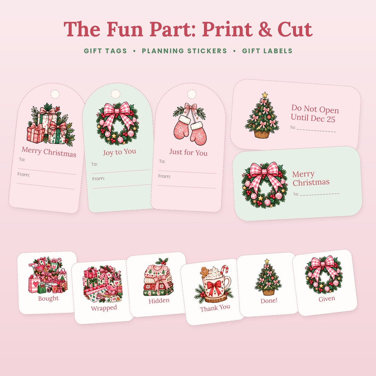 Print and cut Christmas gift tags, gift labels and gift planning stickers