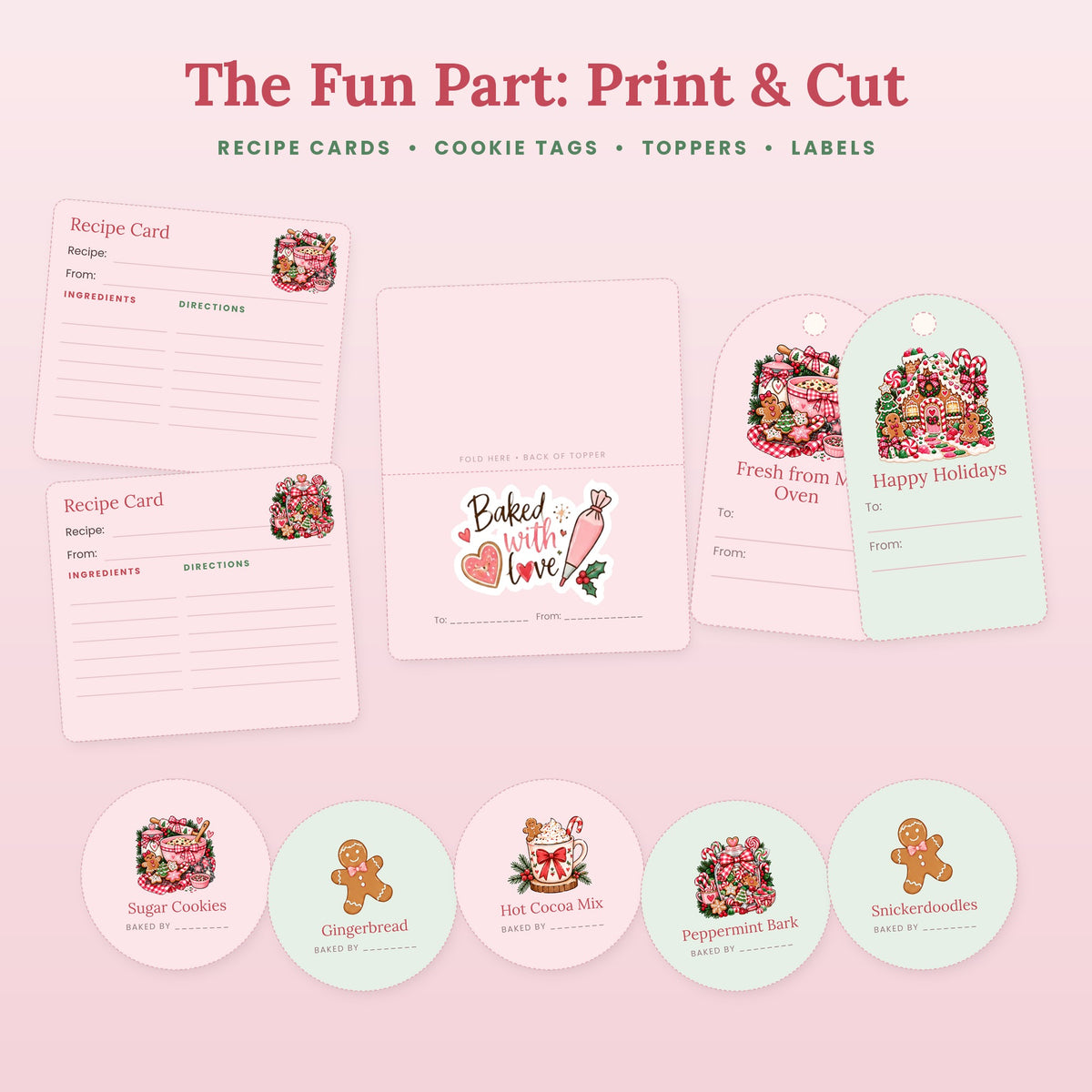 Print and cut Christmas recipe cards, treat bag topper, cookie gift tags and round treat labels