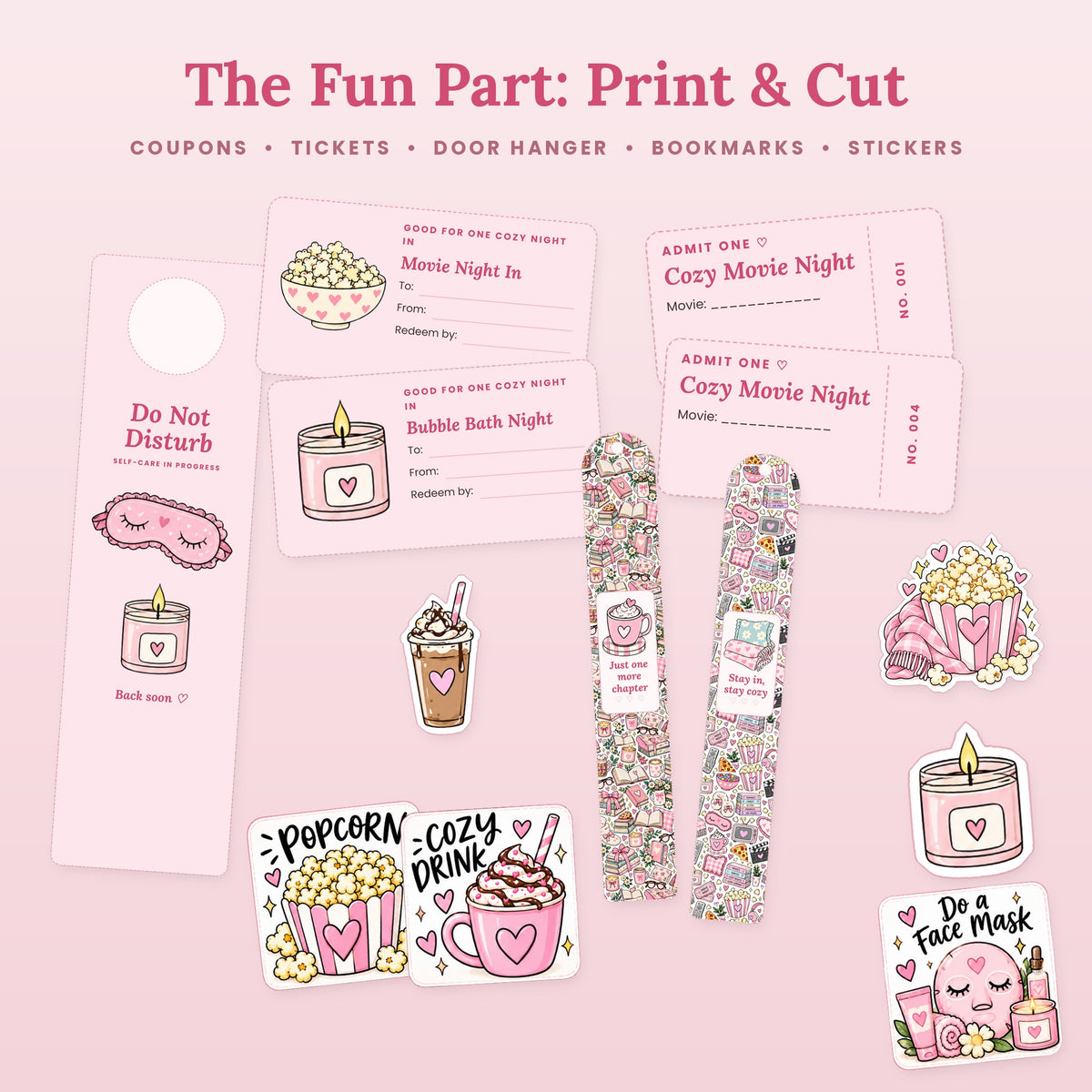 Print and cut cozy night coupons, movie night tickets, Do Not Disturb door hanger, bookmarks and stickers