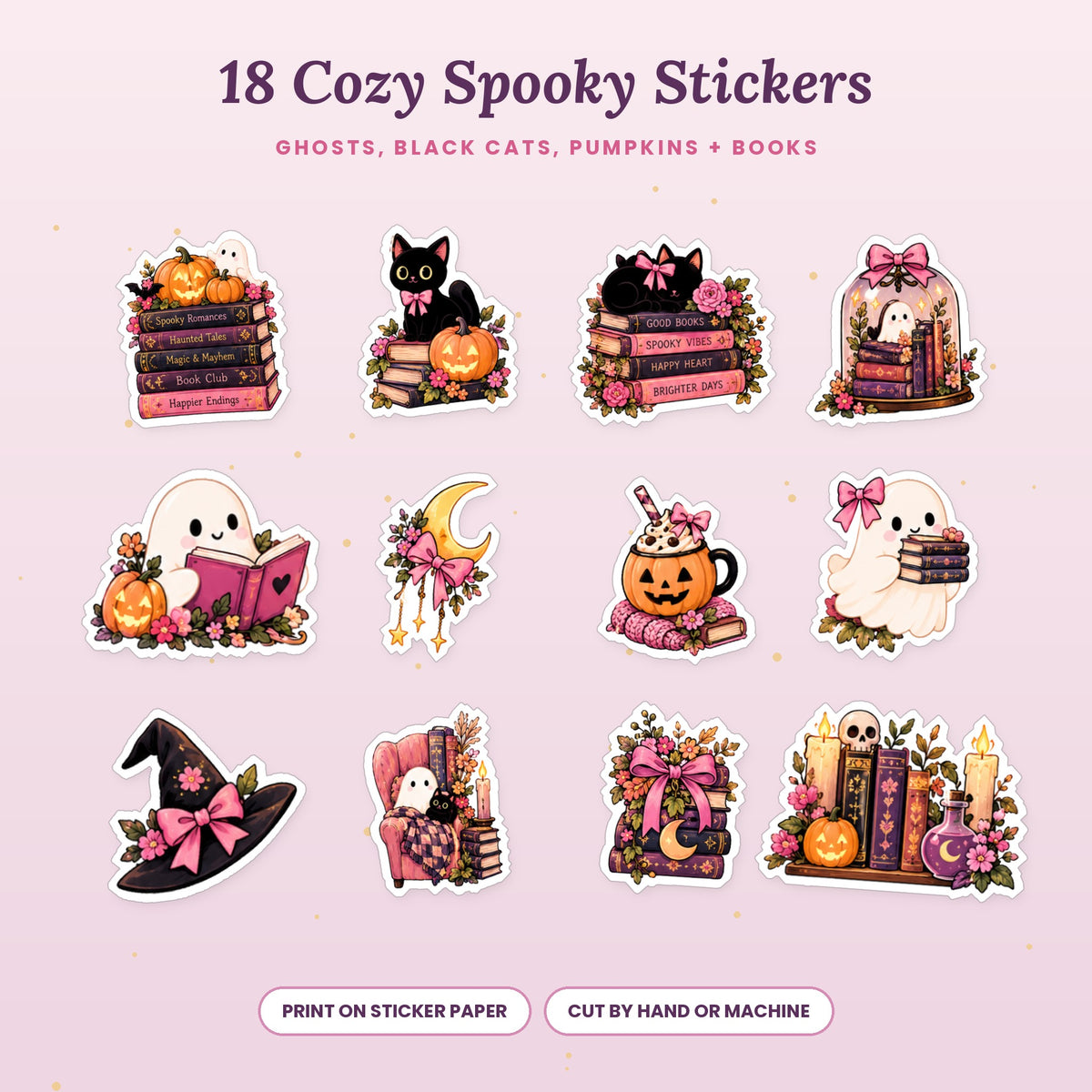 Cozy spooky bookish printable stickers with ghosts, black cats, pumpkins, a witch hat and book stacks