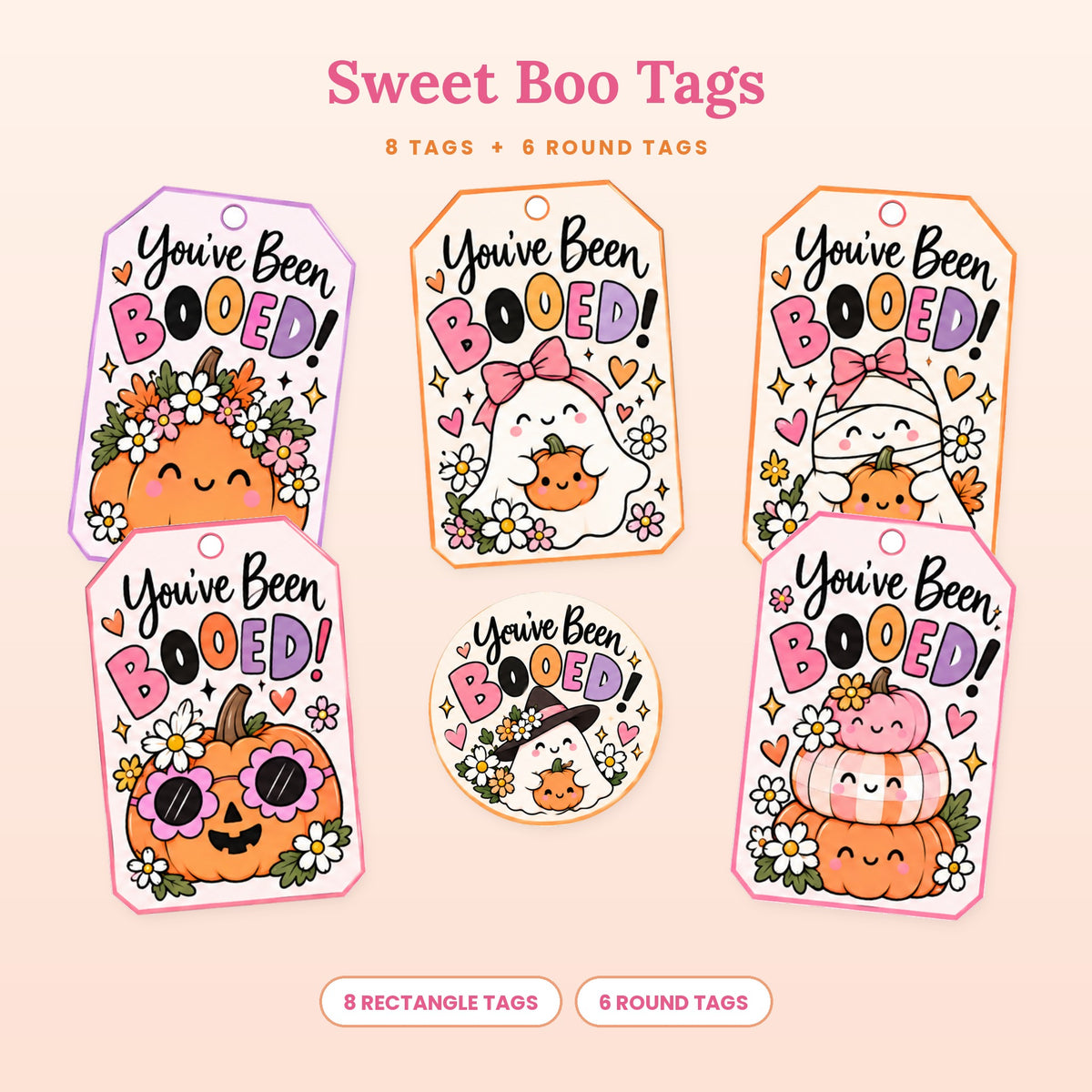 You've Been Booed printable gift tags and round tags with cute pumpkins, ghosts and a black cat
