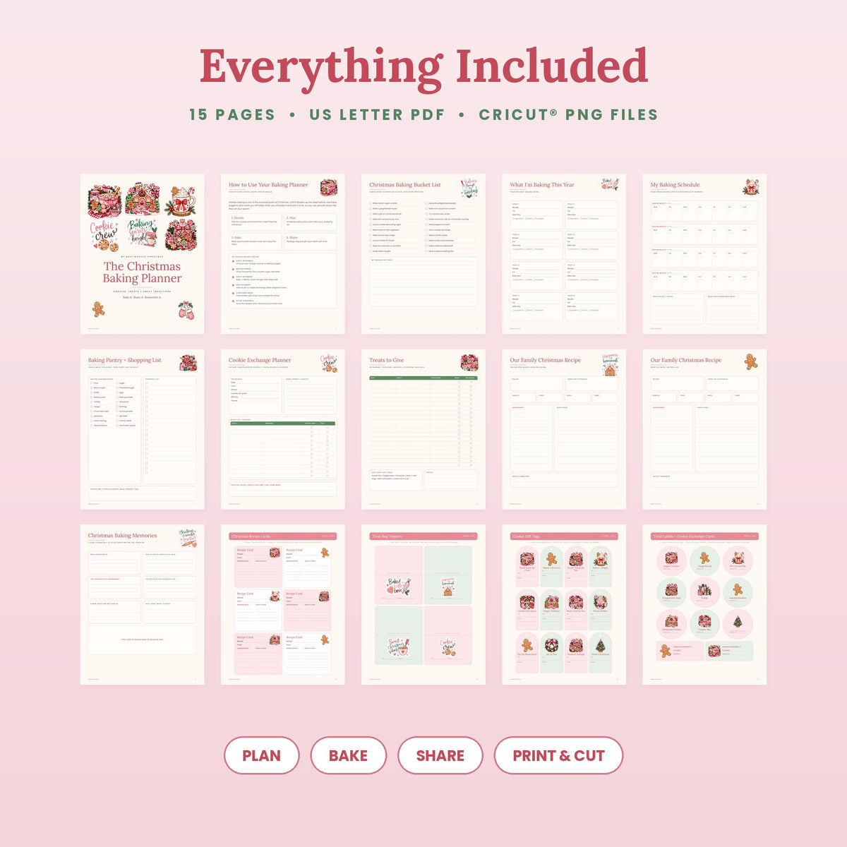 All 15 pages of The Christmas Baking Planner printable and Print and Cut kit