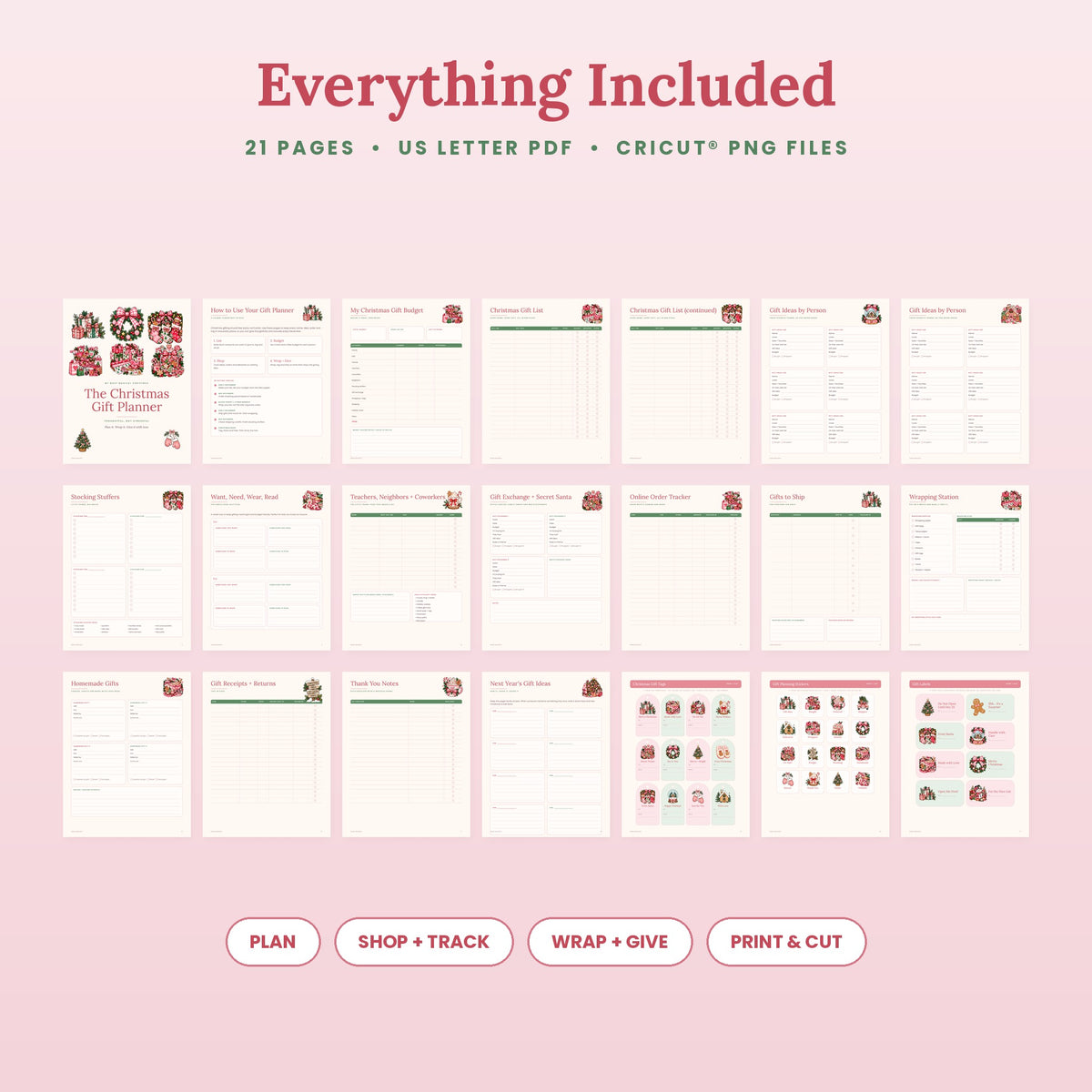 All 21 pages of The Christmas Gift Planner printable and Print and Cut kit