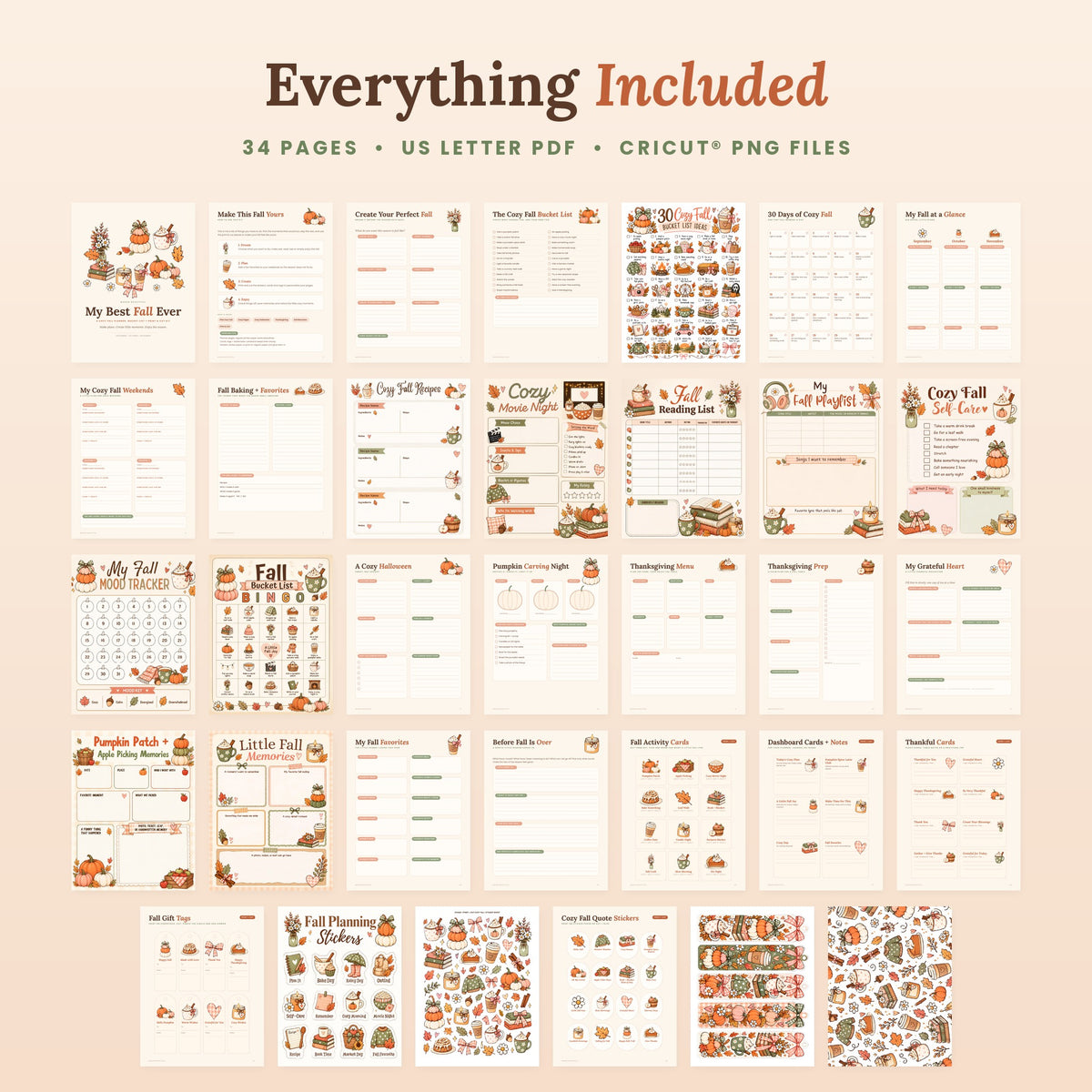 All 34 pages of the My Best Fall Ever printable fall planner and Print and Cut kit
