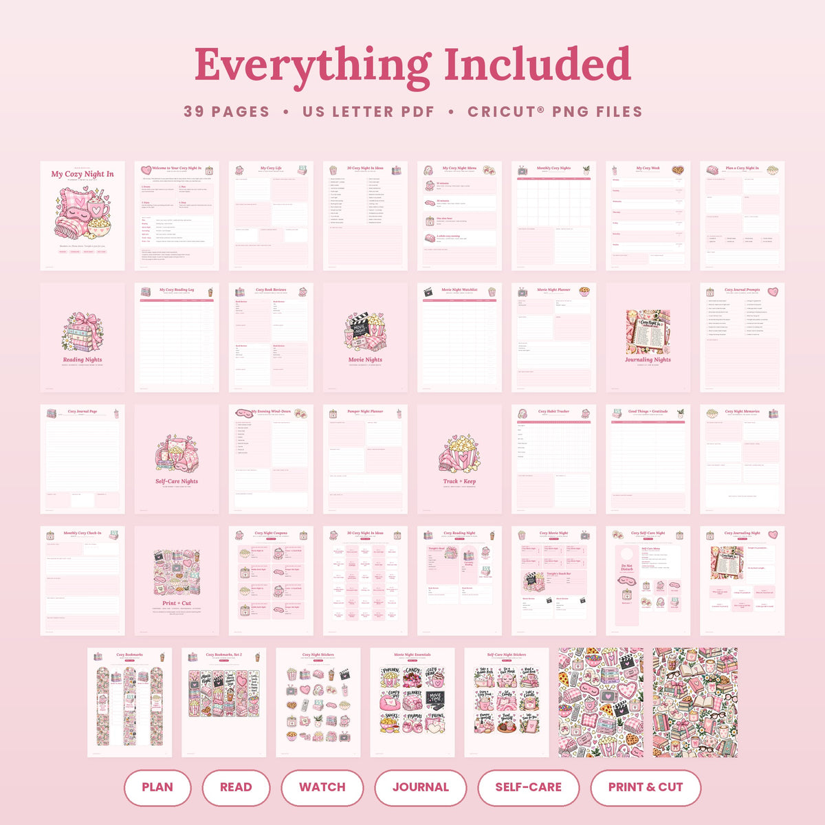 All 39 pages of the My Cozy Night In printable planner and Print and Cut kit