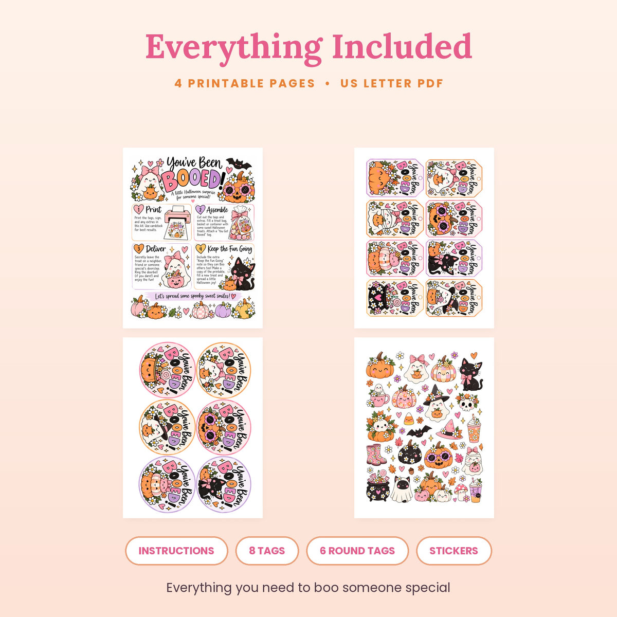 All 4 pages of the You've Been Booed printable kit: instructions, gift tags, round tags and stickers