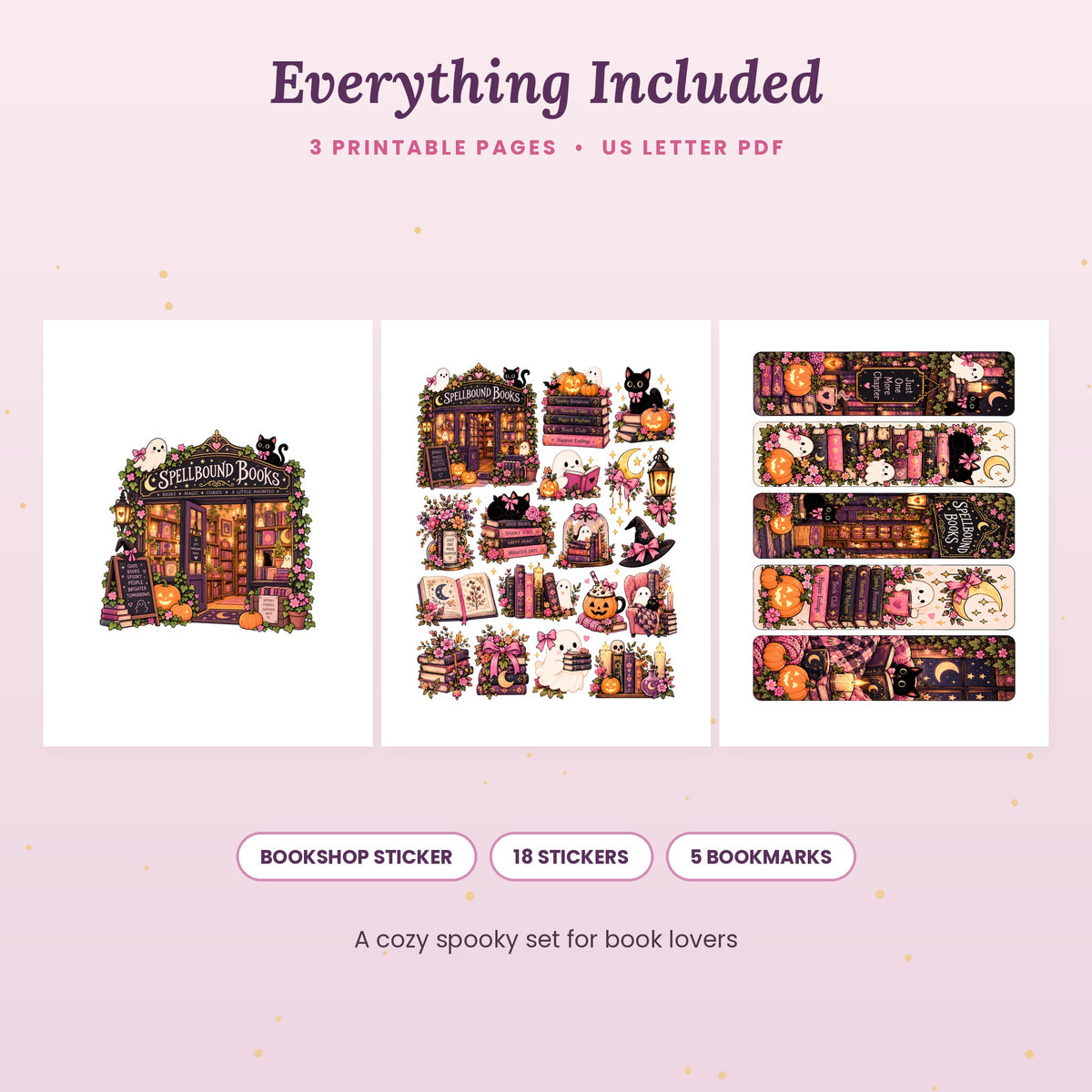 All 3 pages of the Spellbound Books printable kit: bookshop sticker, sticker sheet and bookmarks