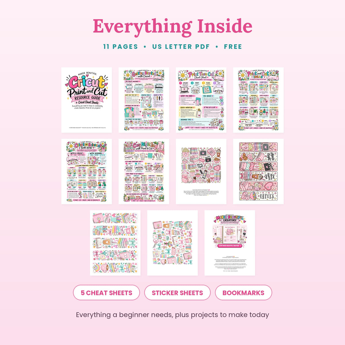 All 11 pages of the free Print and Cut resource guide for Cricut beginners