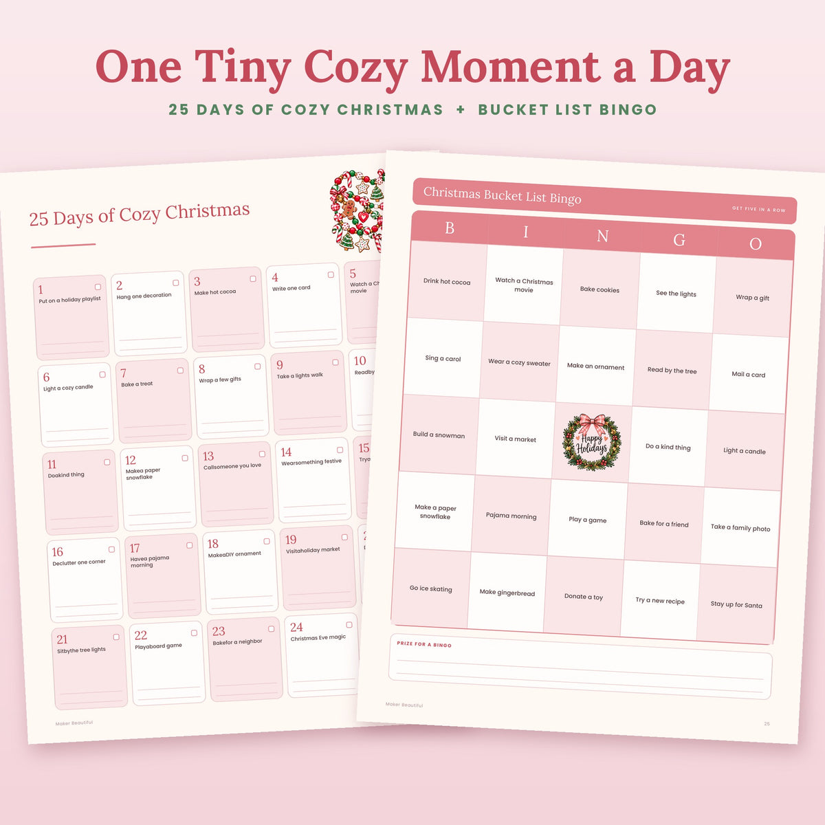 25 days of cozy Christmas activities page and Christmas bucket list bingo printable