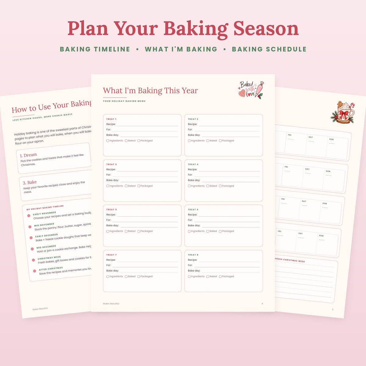 Christmas baking timeline, what I'm baking menu and weekly baking schedule printable pages