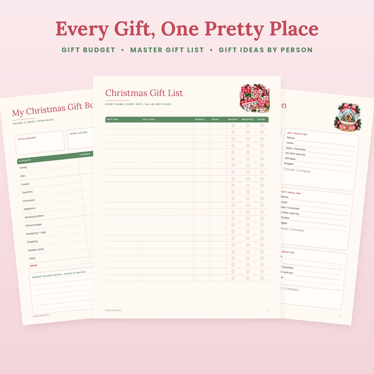 Printable Christmas gift budget, master gift list and gift ideas by person pages