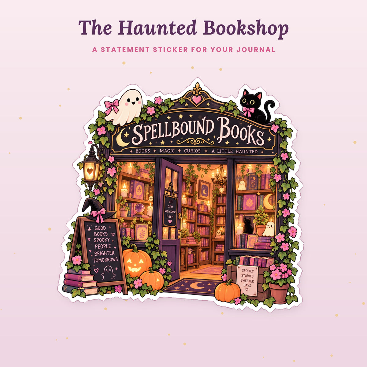 Large printable haunted bookshop sticker with a ghost, black cat, pumpkins and glowing bookshelves
