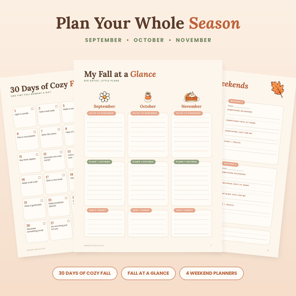 Printable fall planner pages with 30 days of cozy fall activities, a fall at a glance page and weekend planners