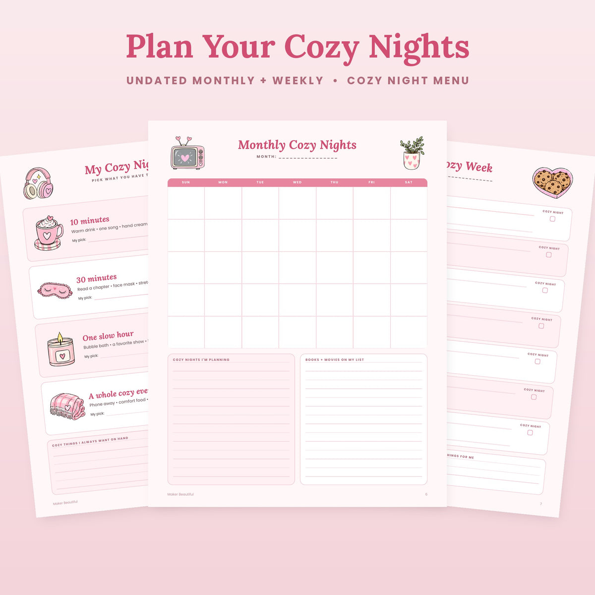 Cozy night menu, undated monthly planner and weekly cozy planner printable pages