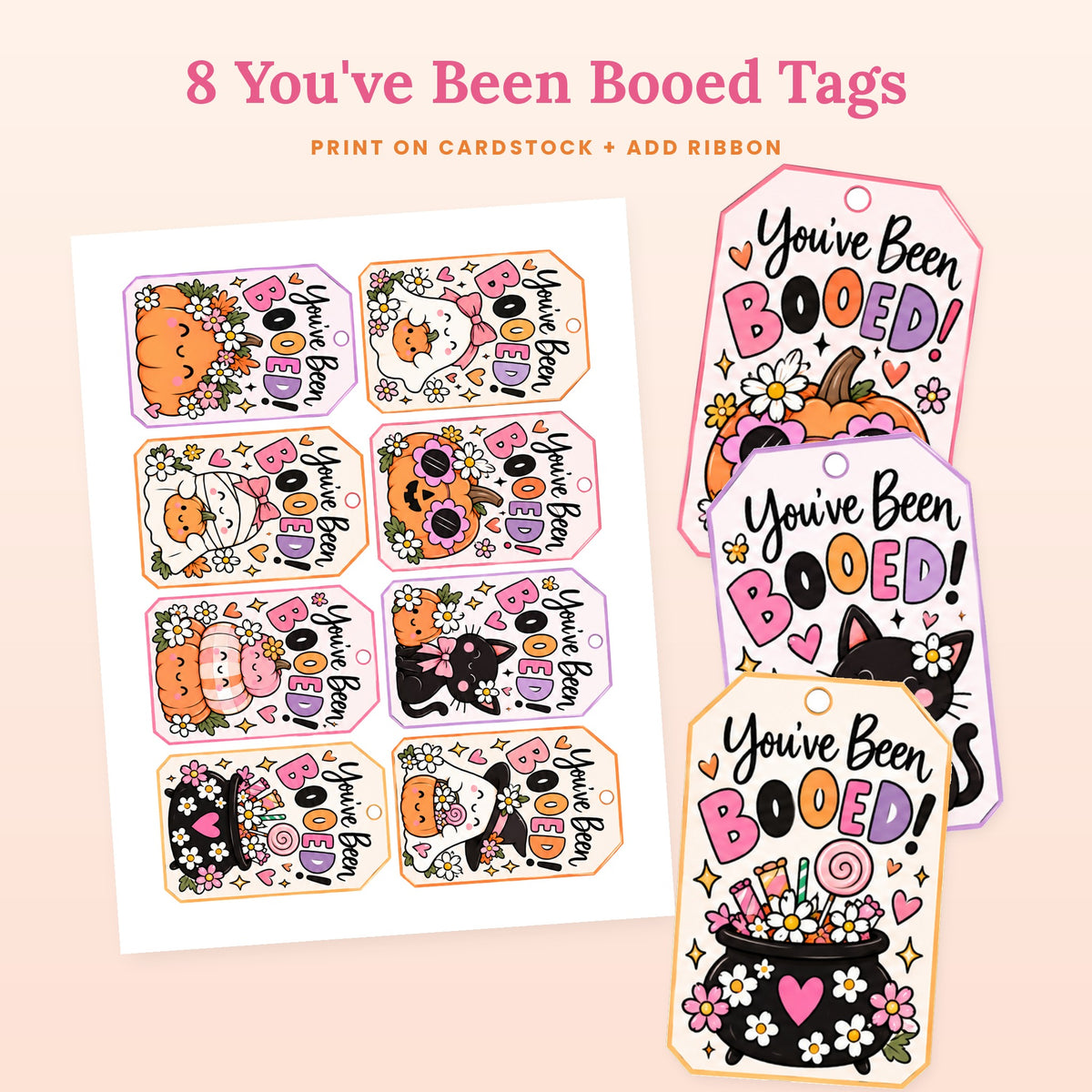 Printable sheet of 8 You've Been Booed gift tags for Halloween treat bags