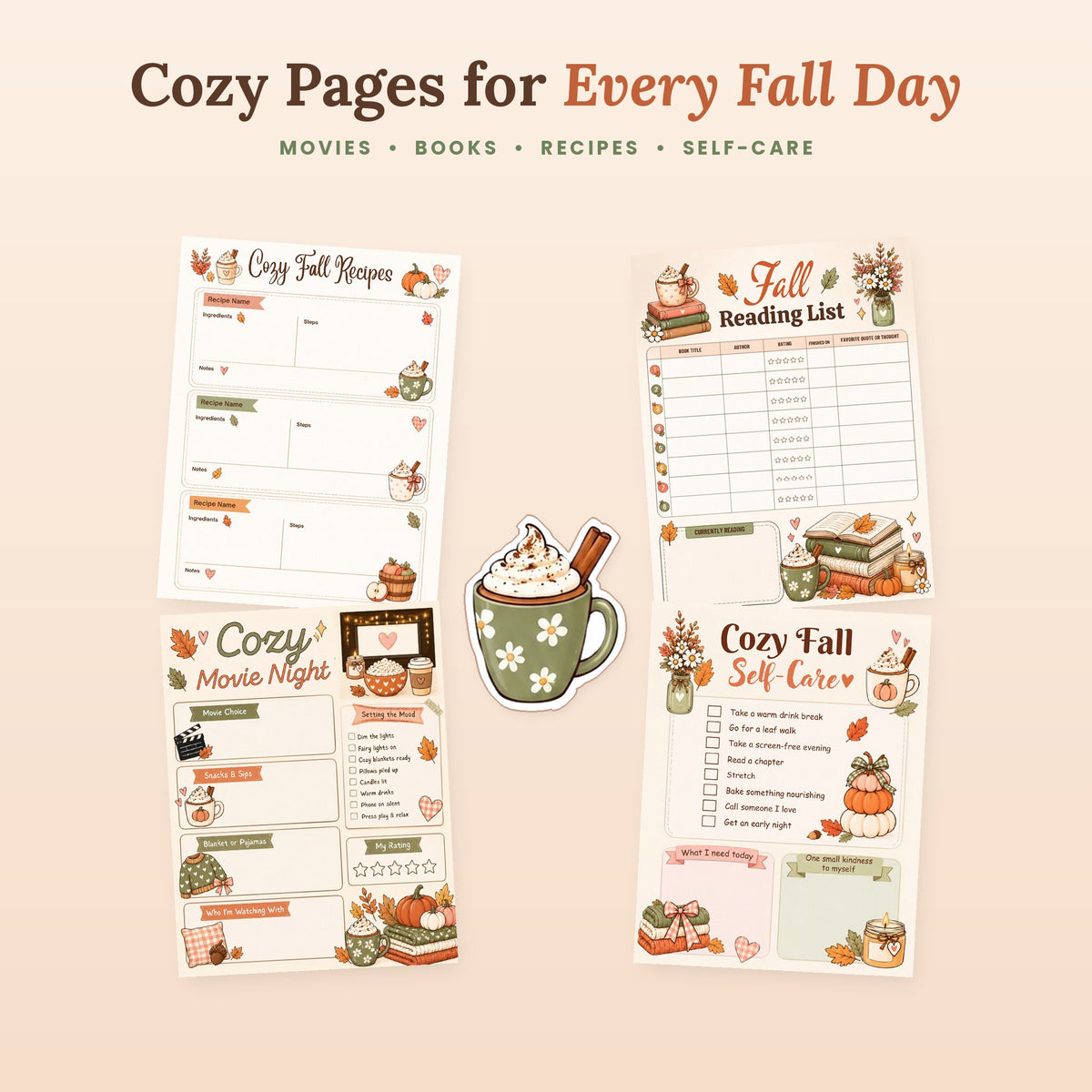 Cozy fall recipe, movie night, reading list and self-care printable planner pages