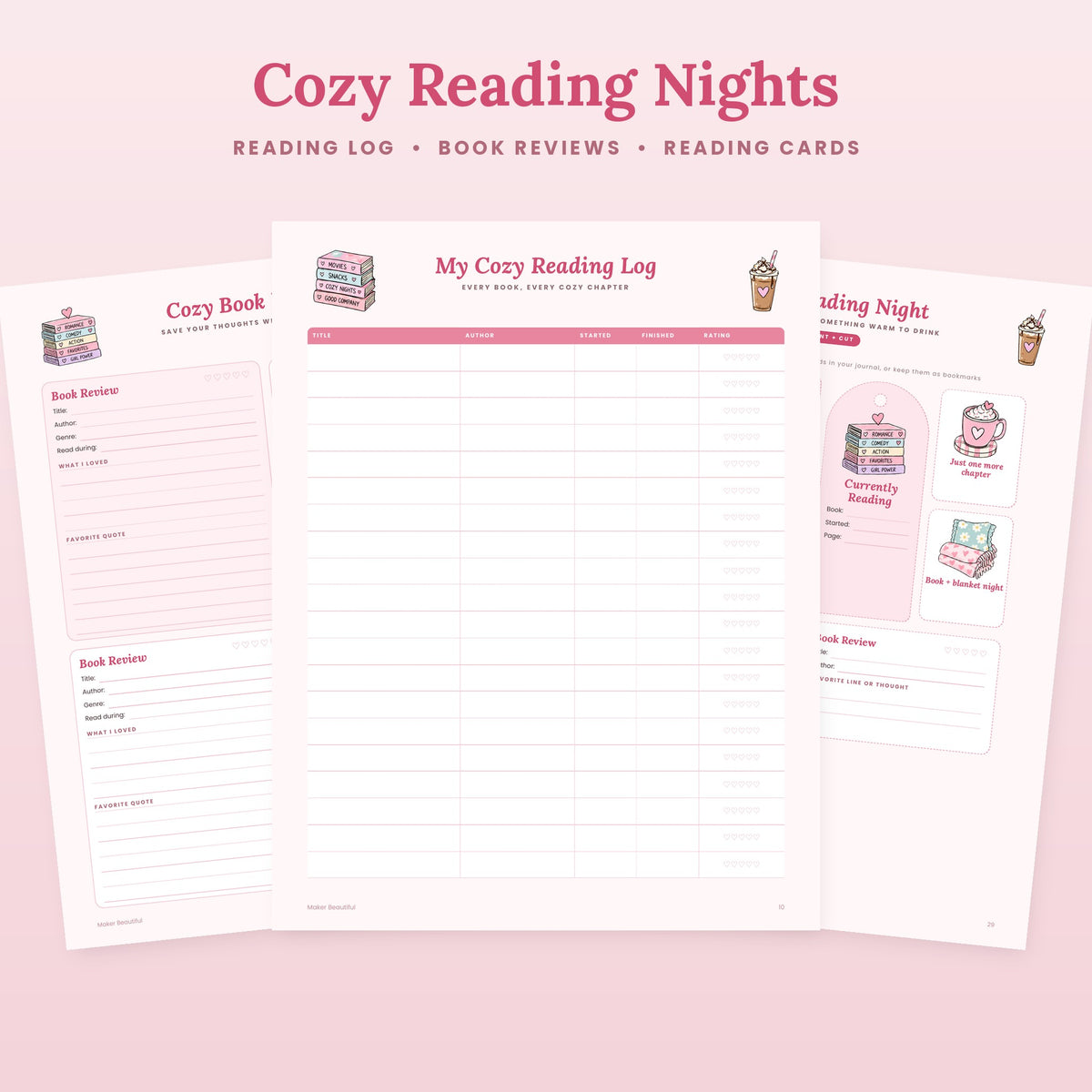 Printable reading log, book review pages and cozy reading night cards