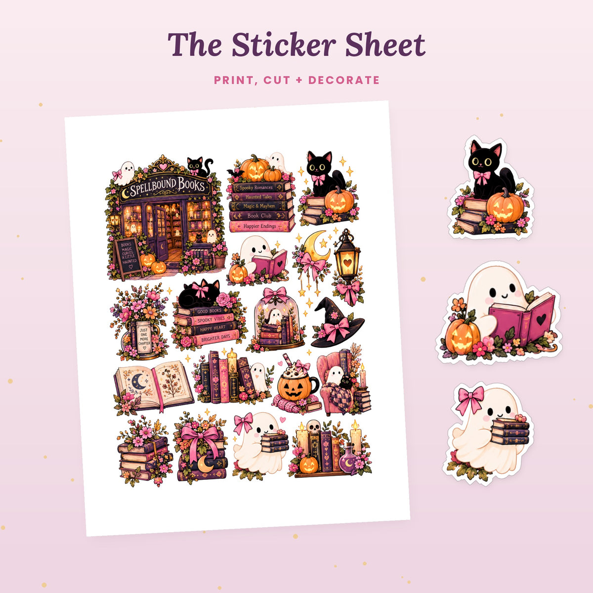 Spellbound Books printable sticker sheet with 18 cozy spooky bookish stickers