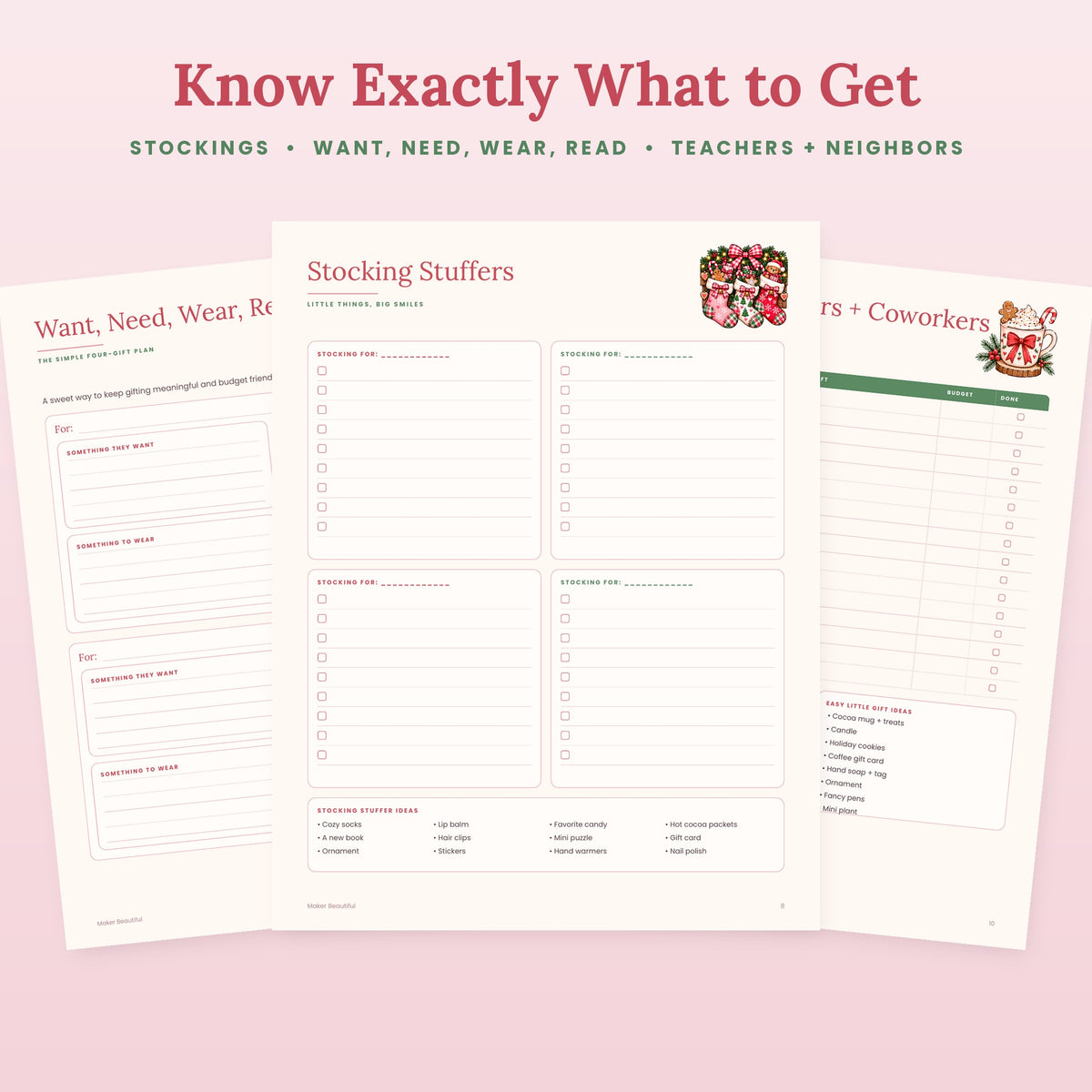 Stocking stuffer planner, want need wear read gift page and teacher and neighbor gift list printables