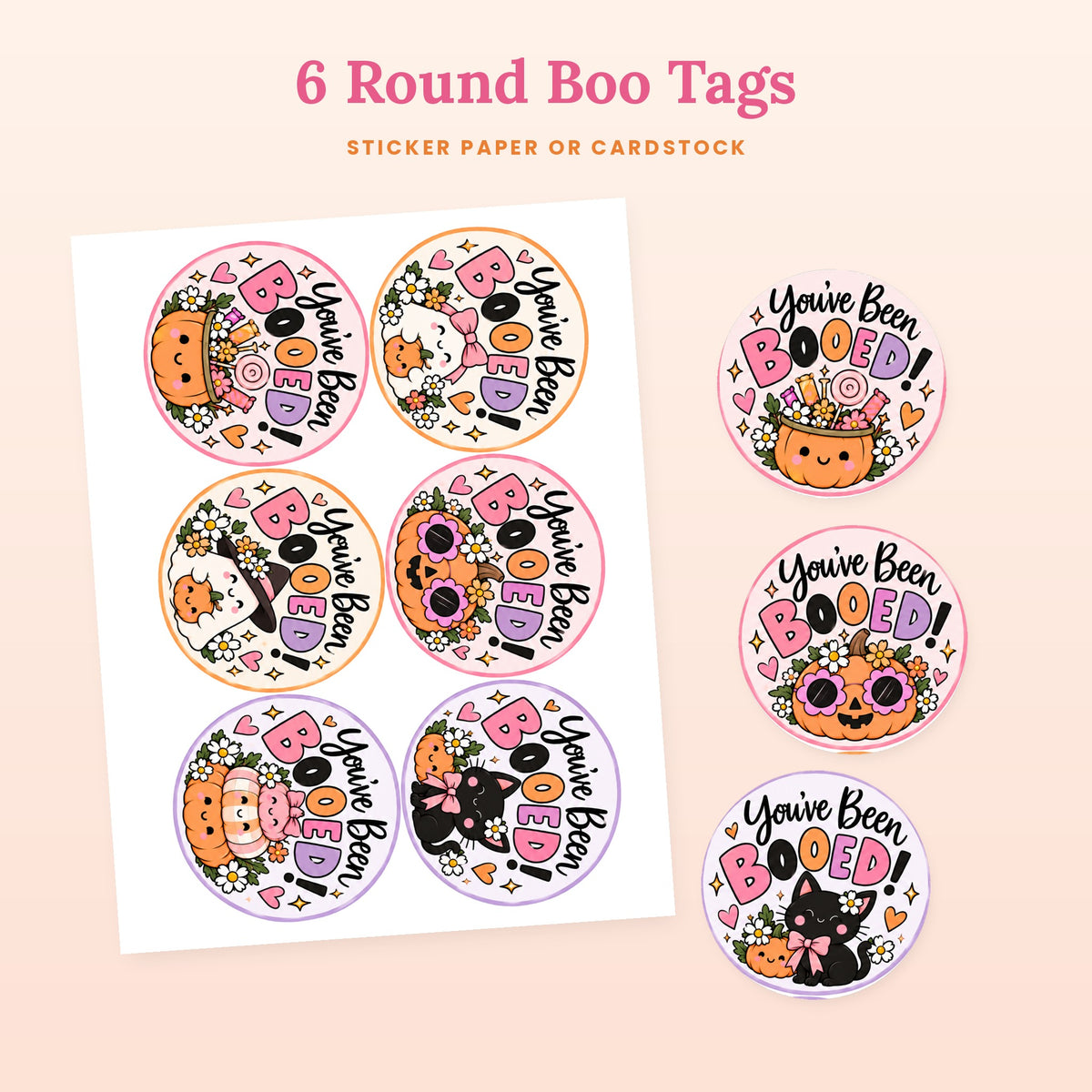 Printable sheet of 6 round You've Been Booed tags for treat bags and stickers