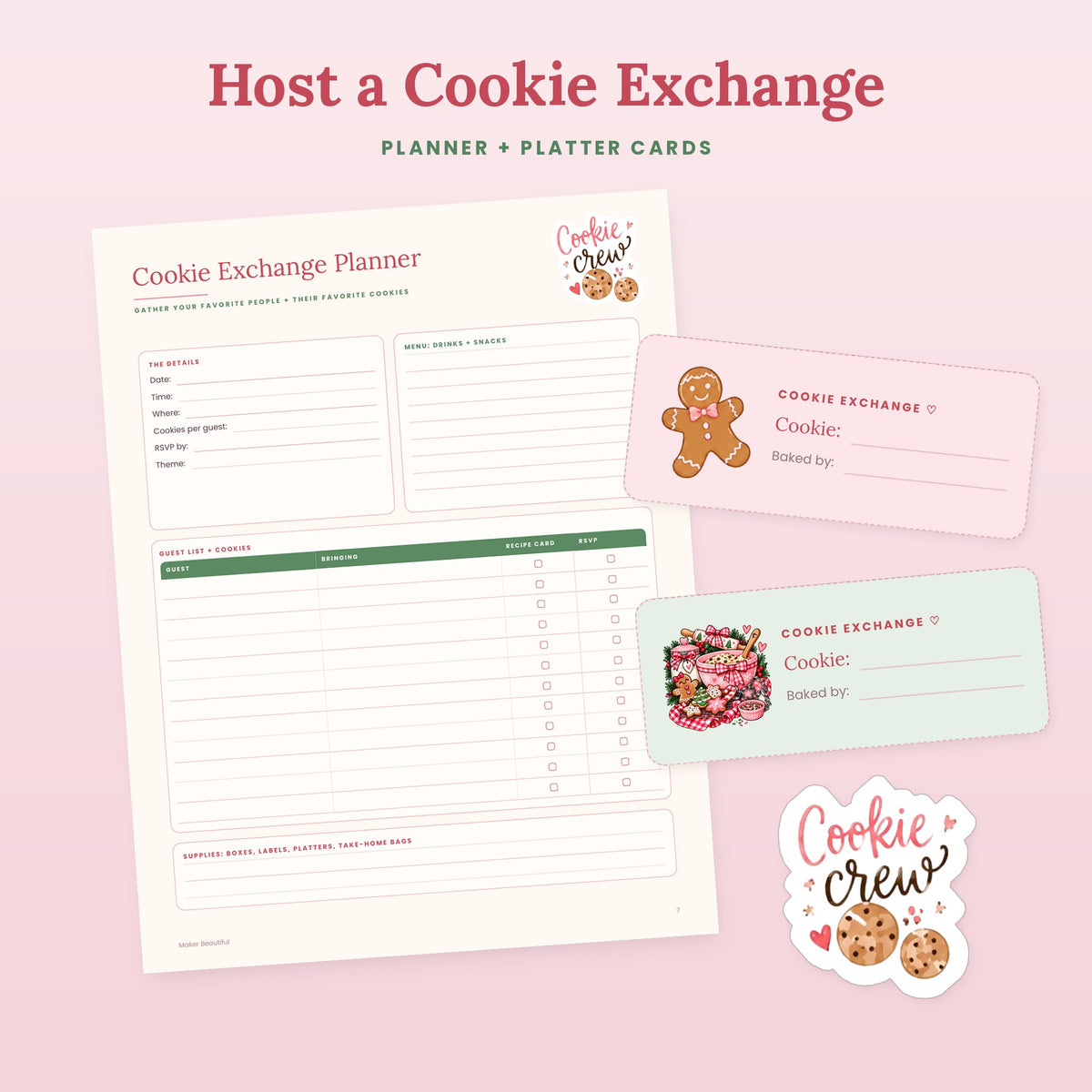 Printable cookie exchange planner with guest list and cookie exchange platter cards
