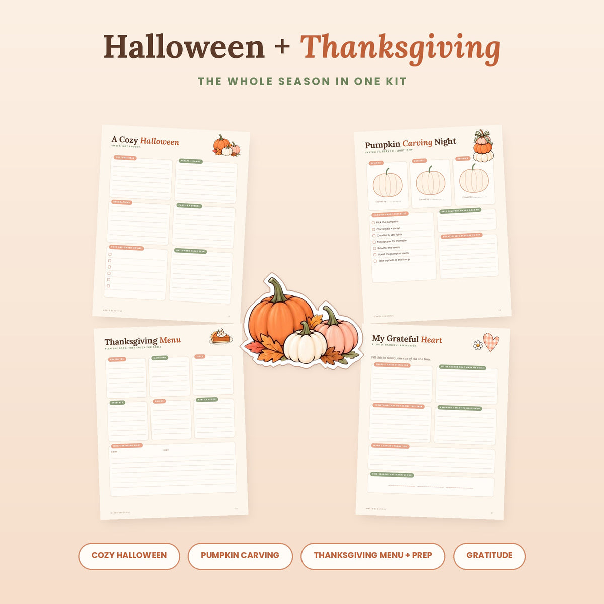 Cozy Halloween planner, pumpkin carving page, Thanksgiving menu planner and gratitude page printables