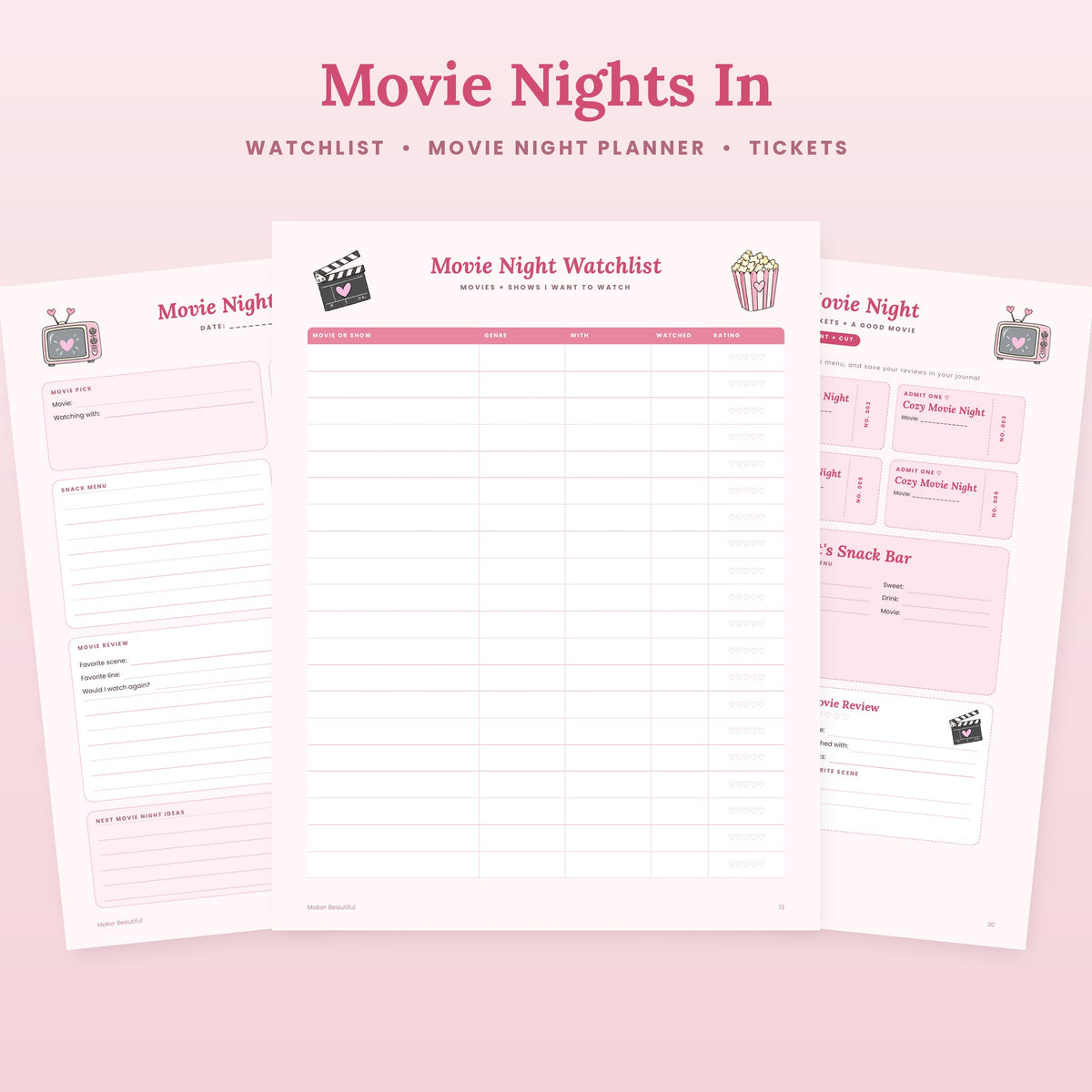 Movie night watchlist, movie night planner and printable movie tickets
