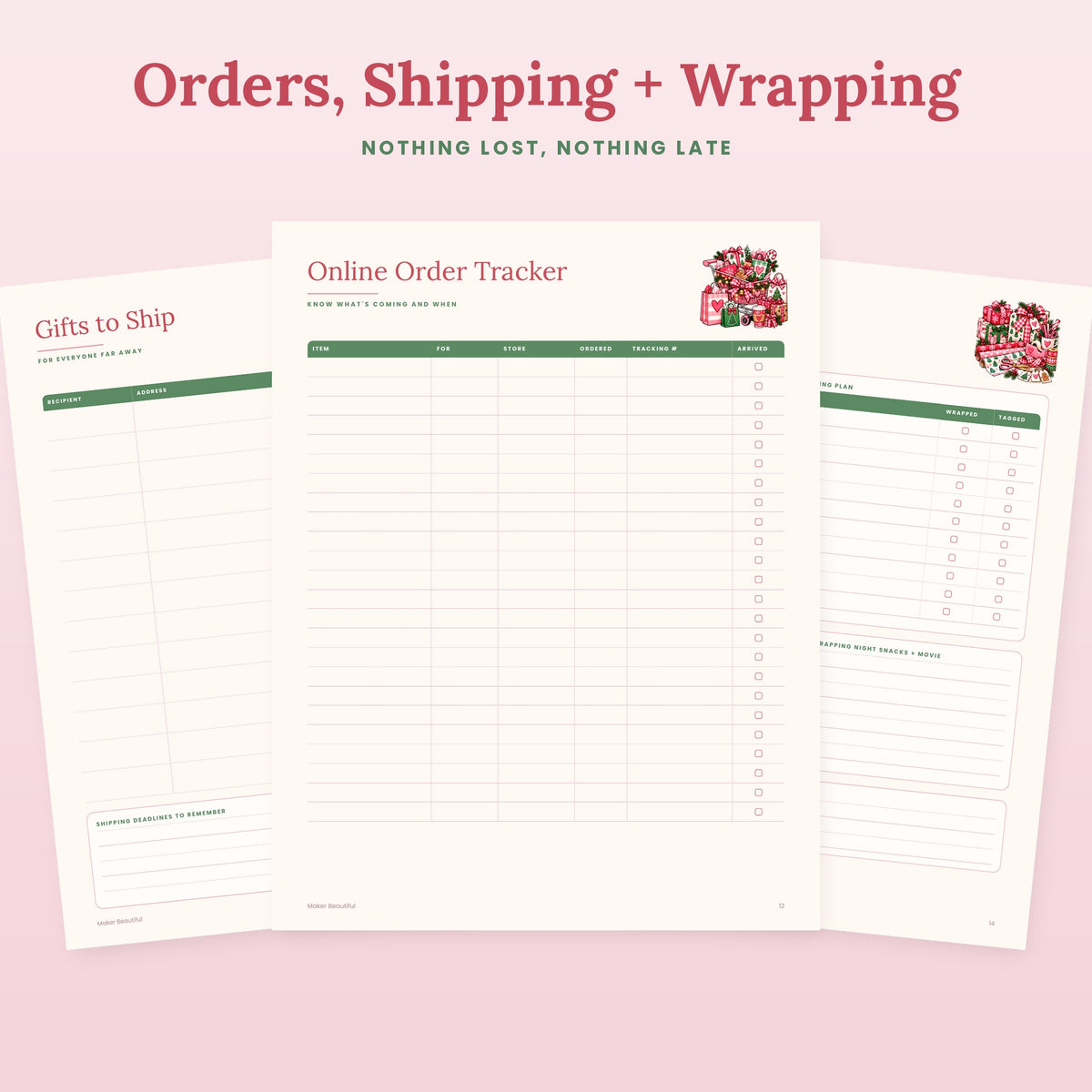 Christmas online order tracker, gifts to ship page and wrapping station printable