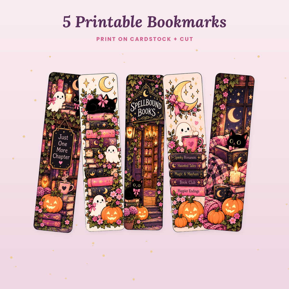 Five printable spooky bookish bookmarks with ghosts, black cats, pumpkins and moons