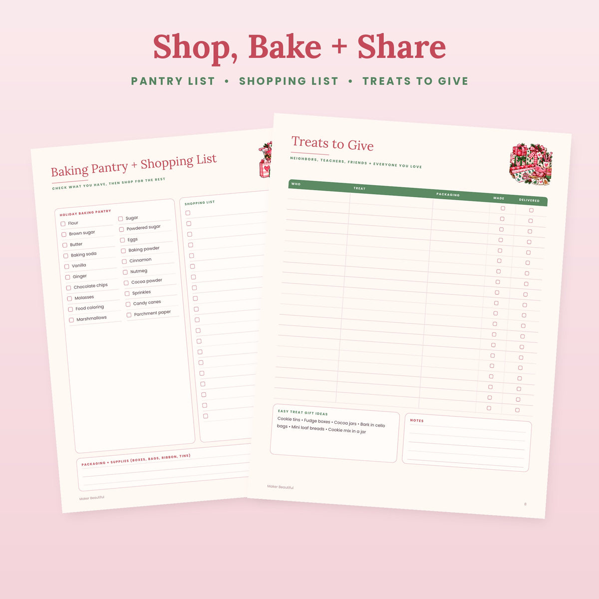 Holiday baking pantry checklist, shopping list and treats to give tracker printables