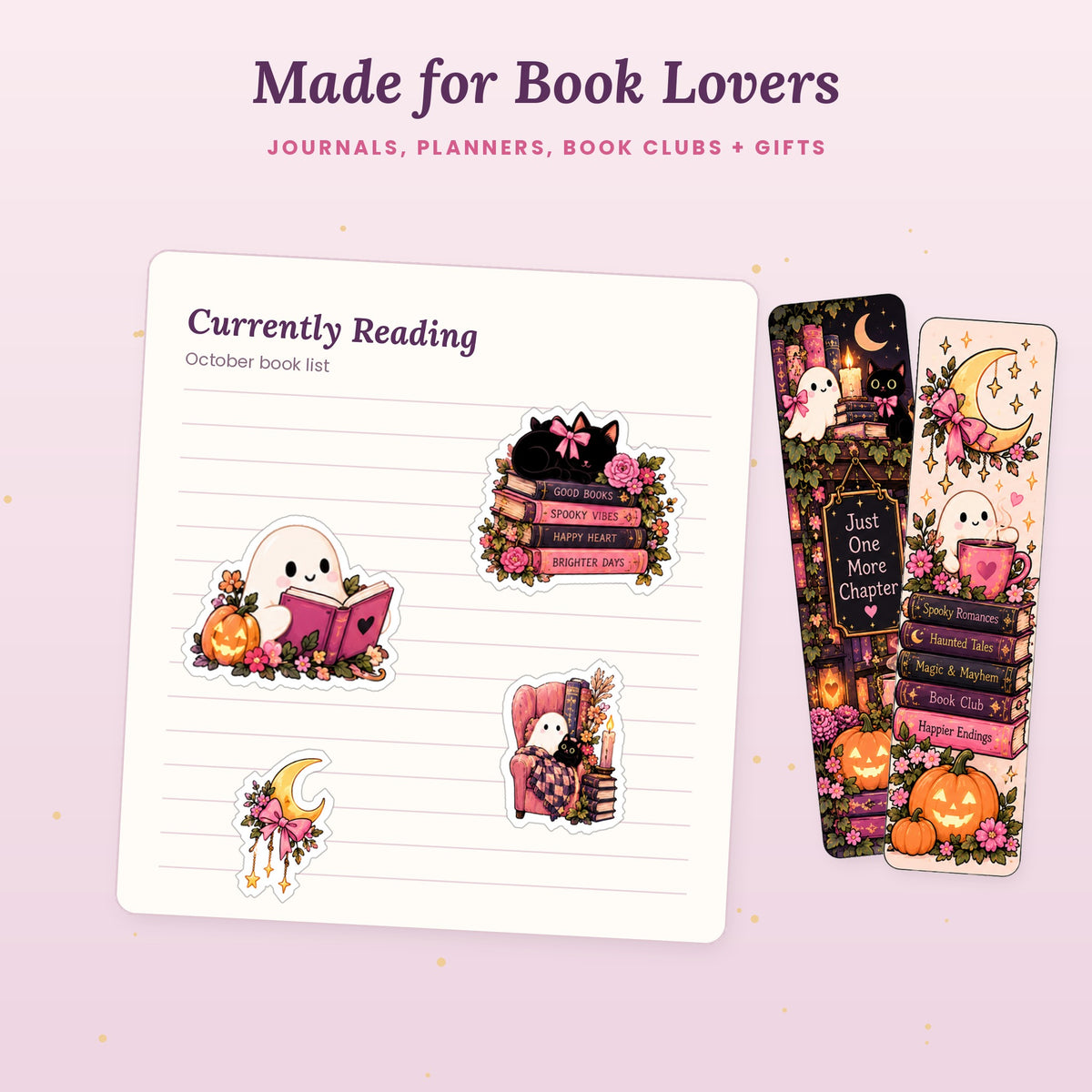 Bookish printable stickers decorating a reading journal page next to spooky printable bookmarks