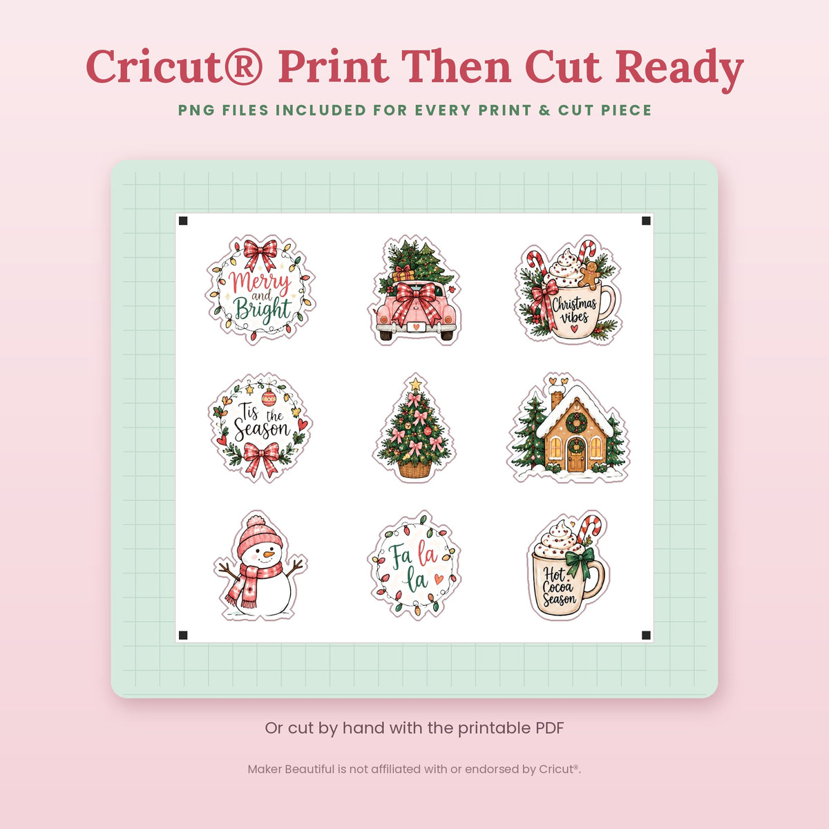 Christmas sticker sheet with cut lines for Cricut Print Then Cut, made from the included PNG files