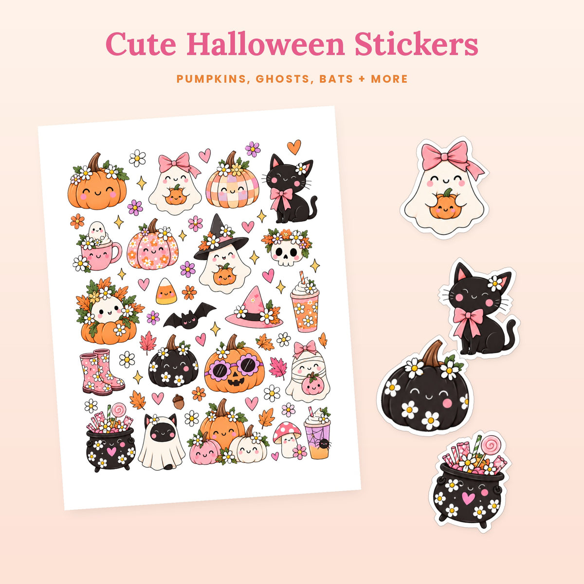 Cute pastel Halloween printable sticker sheet with pumpkins, ghosts, a bat and a black cat