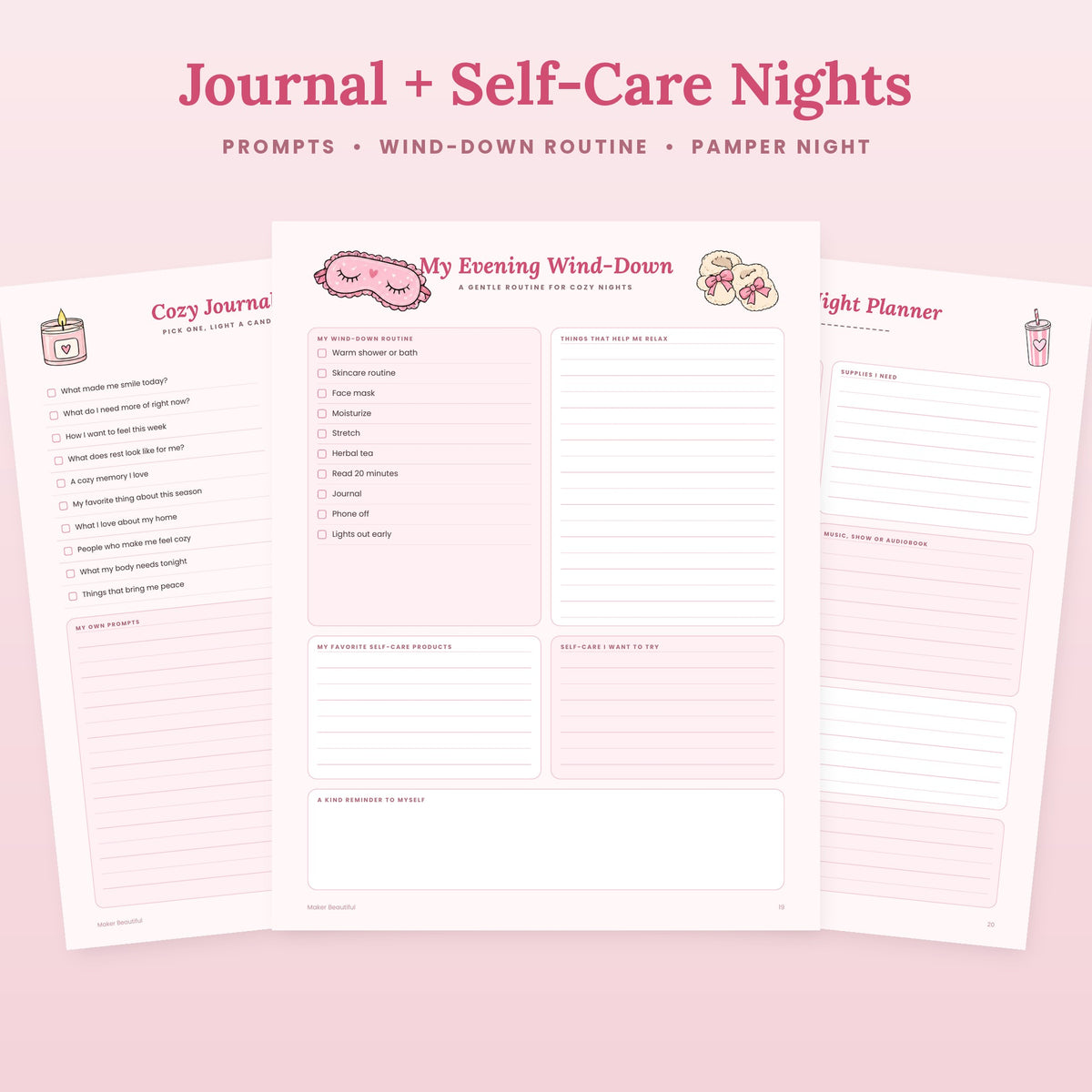 Cozy journal prompts, evening wind-down routine and pamper night planner printables