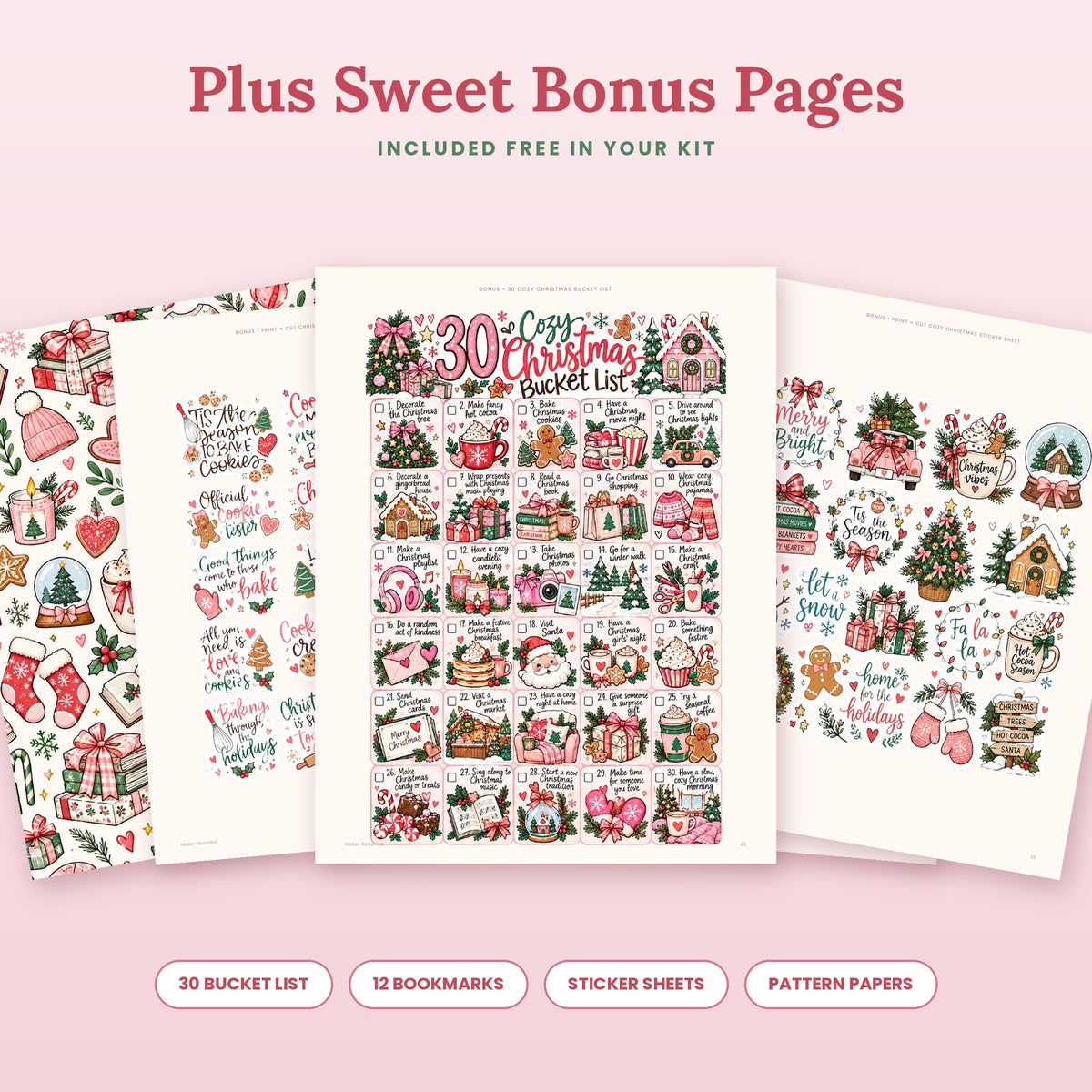Bonus 30 cozy Christmas bucket list, Christmas bookmarks, sticker sheets and pattern papers