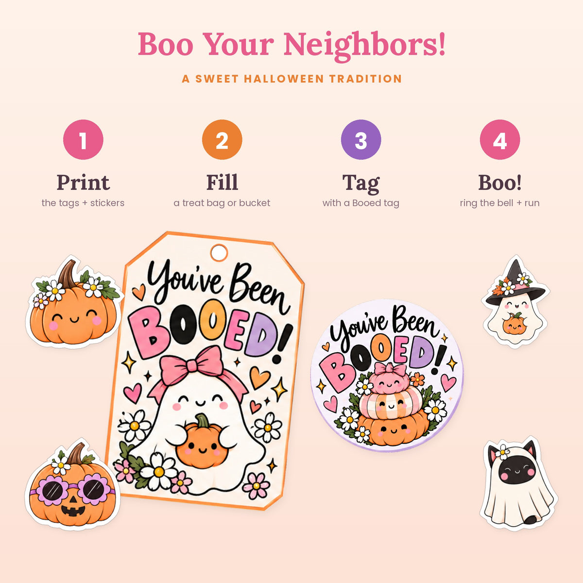 Four easy steps to boo your neighbors with printable Halloween tags and stickers